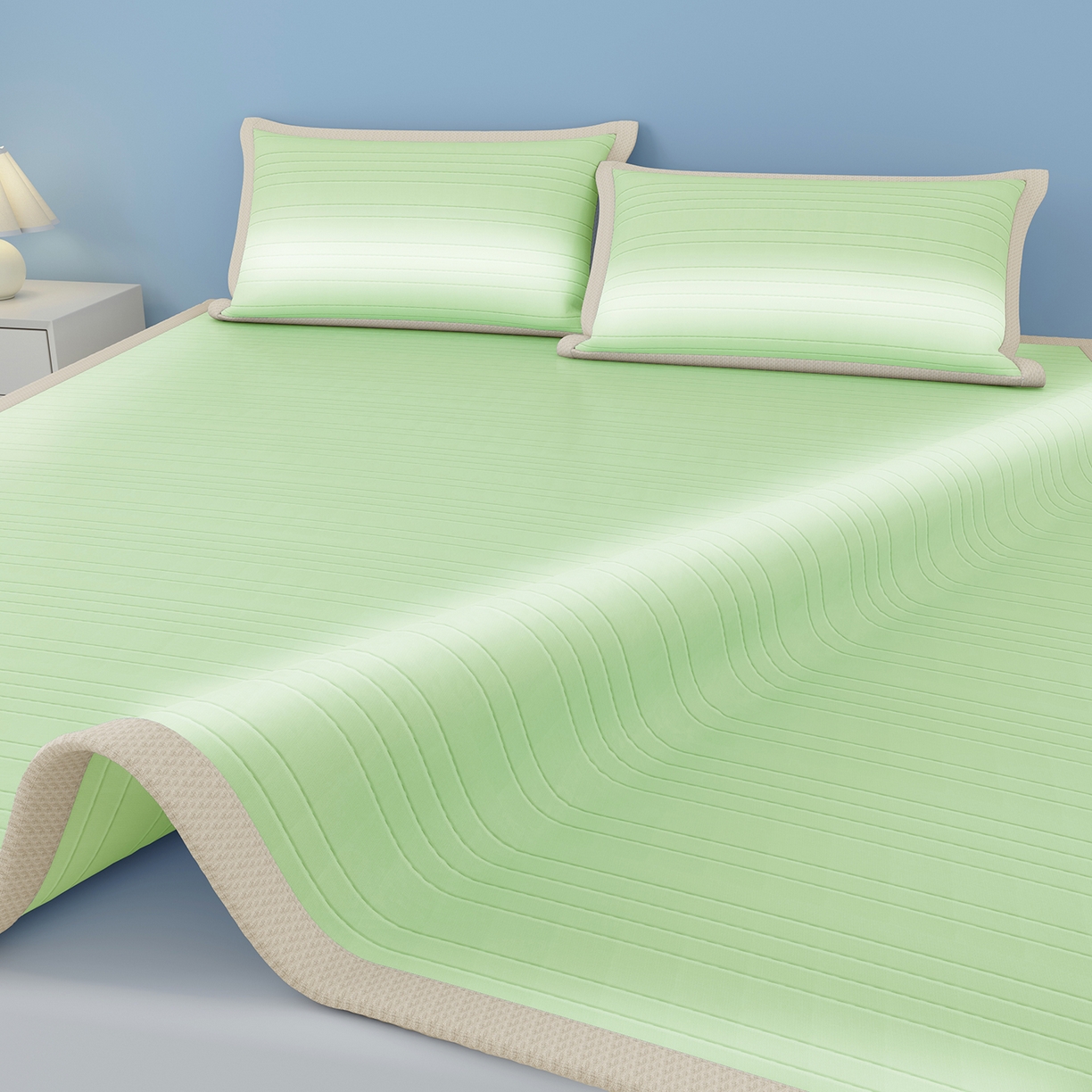 91家纺网 家纺一手货源 找家纺 曼陀罗 2026新款凉感海洋丝冰咖条纹凉席-平铺款 草原绿