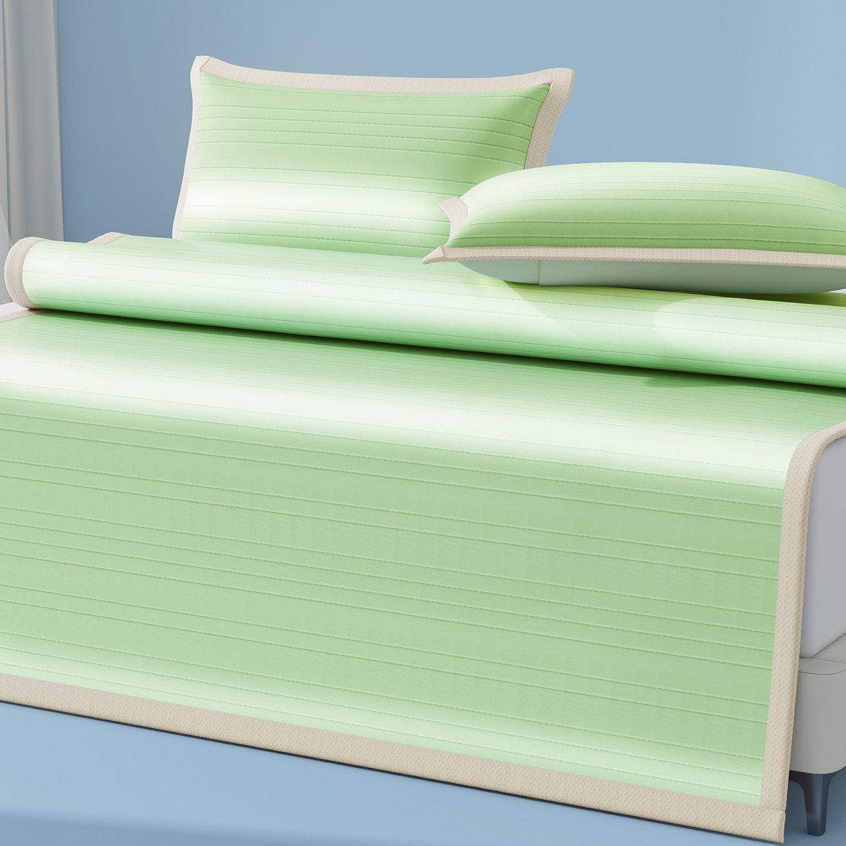 91家纺网 家纺一手货源 找家纺 曼陀罗 2026新款凉感海洋丝冰咖条纹凉席-平铺款 草原绿