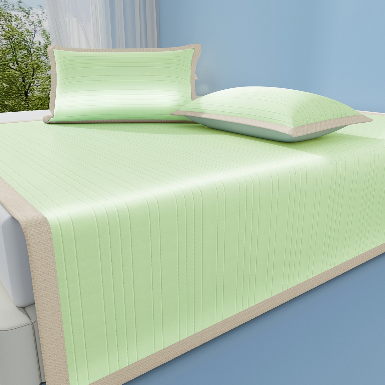 91家纺网 家纺一手货源 找家纺 曼陀罗 2026新款凉感海洋丝冰咖条纹凉席-平铺款 草原绿