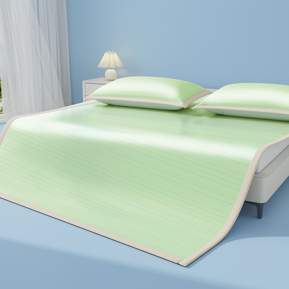 91家纺网 家纺一手货源 找家纺 曼陀罗 2026新款凉感海洋丝冰咖条纹凉席-平铺款 草原绿