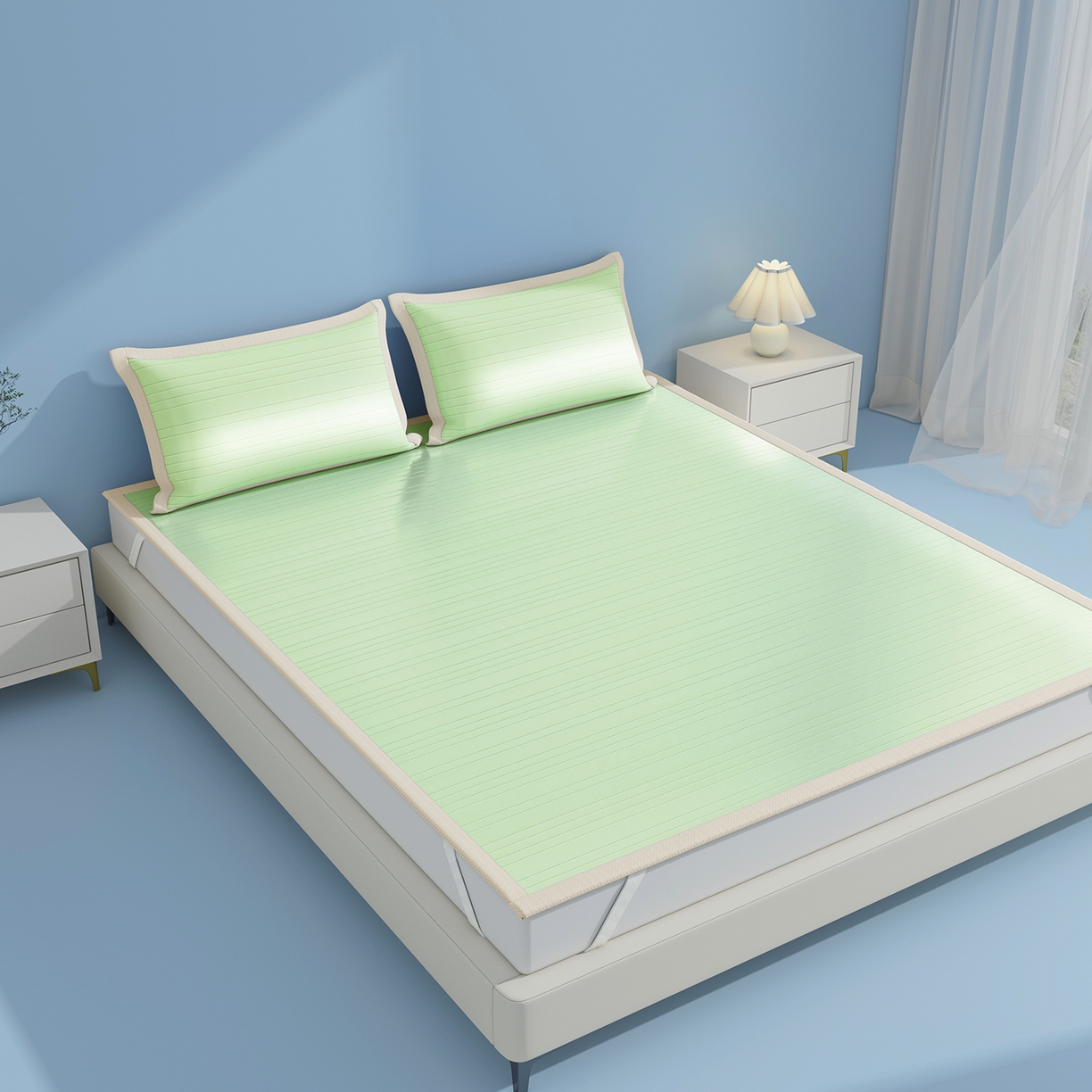 91家纺网 家纺一手货源 找家纺 曼陀罗 2026新款凉感海洋丝冰咖条纹凉席-平铺款 草原绿