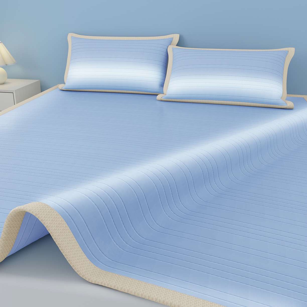 91家纺网 家纺一手货源 找家纺 曼陀罗 2026新款凉感海洋丝冰咖条纹凉席-平铺款 海之蓝