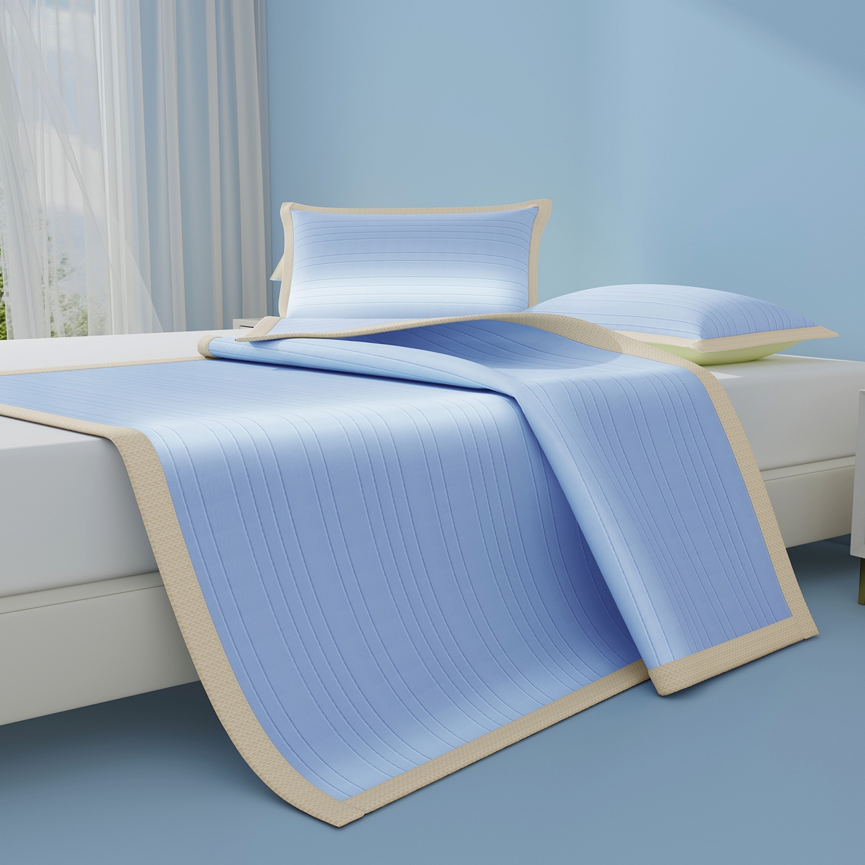 91家纺网 家纺一手货源 找家纺 曼陀罗 2026新款凉感海洋丝冰咖条纹凉席-平铺款 海之蓝