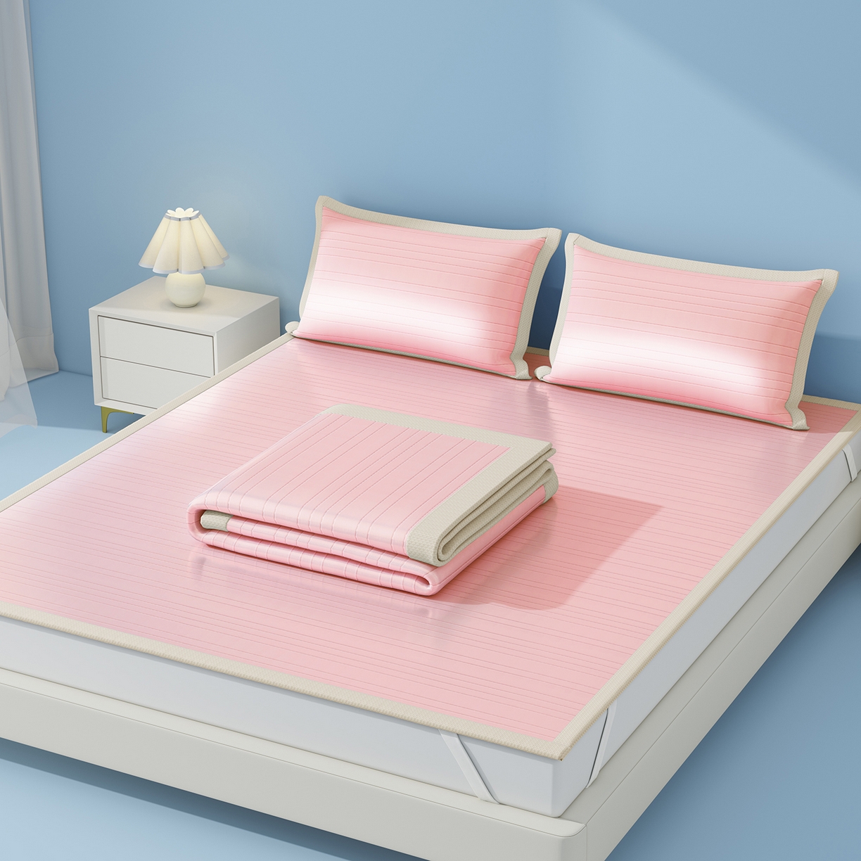 91家纺网 家纺一手货源 找家纺 曼陀罗 2026新款凉感海洋丝冰咖条纹凉席-平铺款 粉黛玉