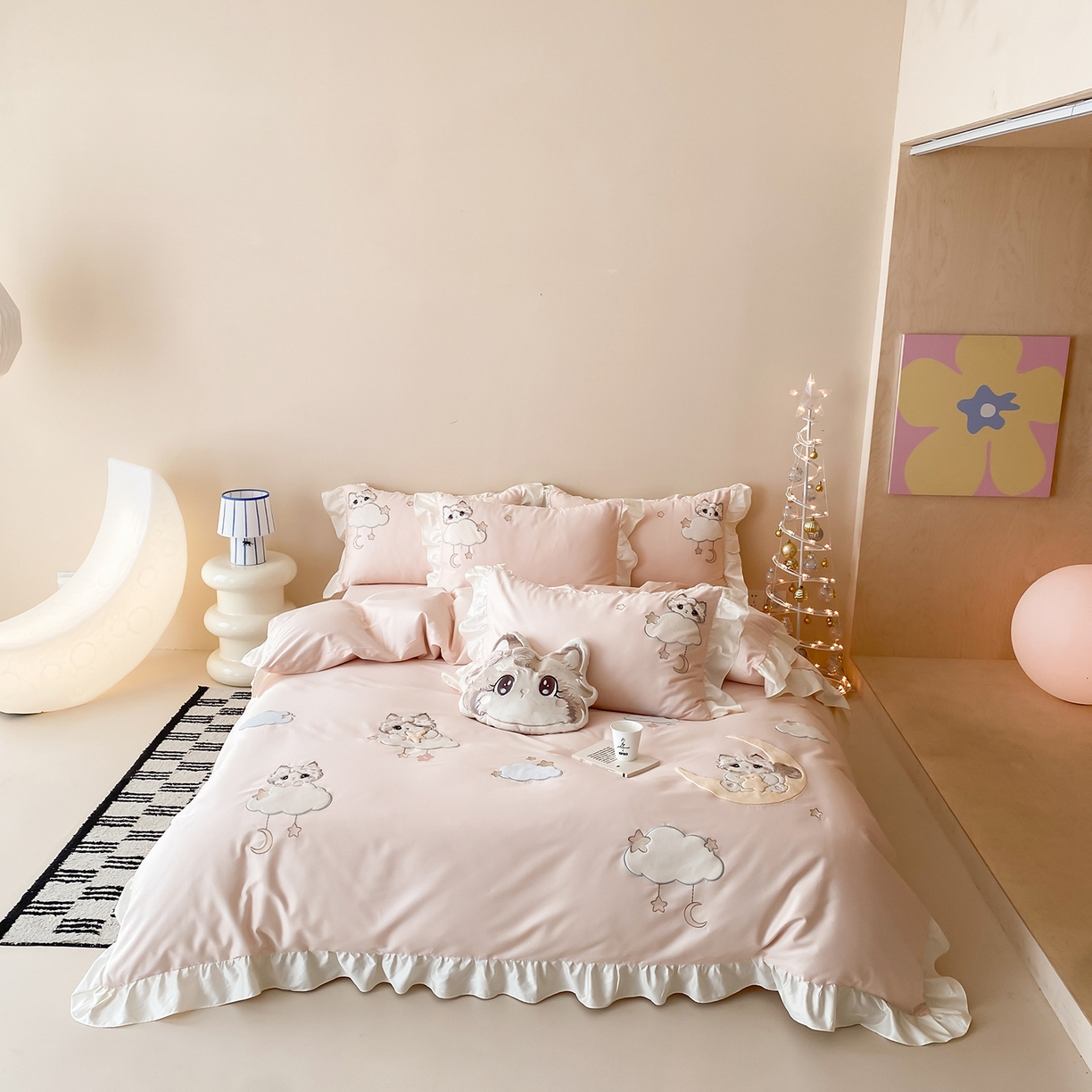 91家纺网 家纺一手货源 找家纺 （总）莎臣豹 2026新款100支新疆长绒棉四件套-甜梦小喵