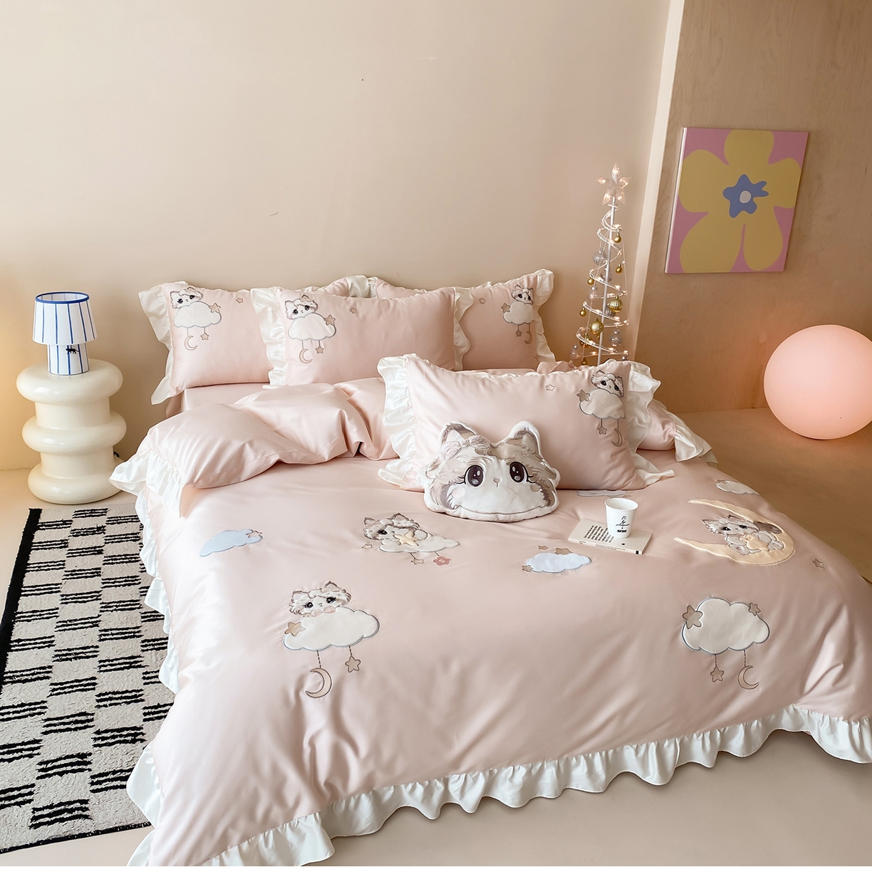 91家纺网 家纺一手货源 找家纺 （总）莎臣豹 2026新款100支新疆长绒棉四件套-甜梦小喵