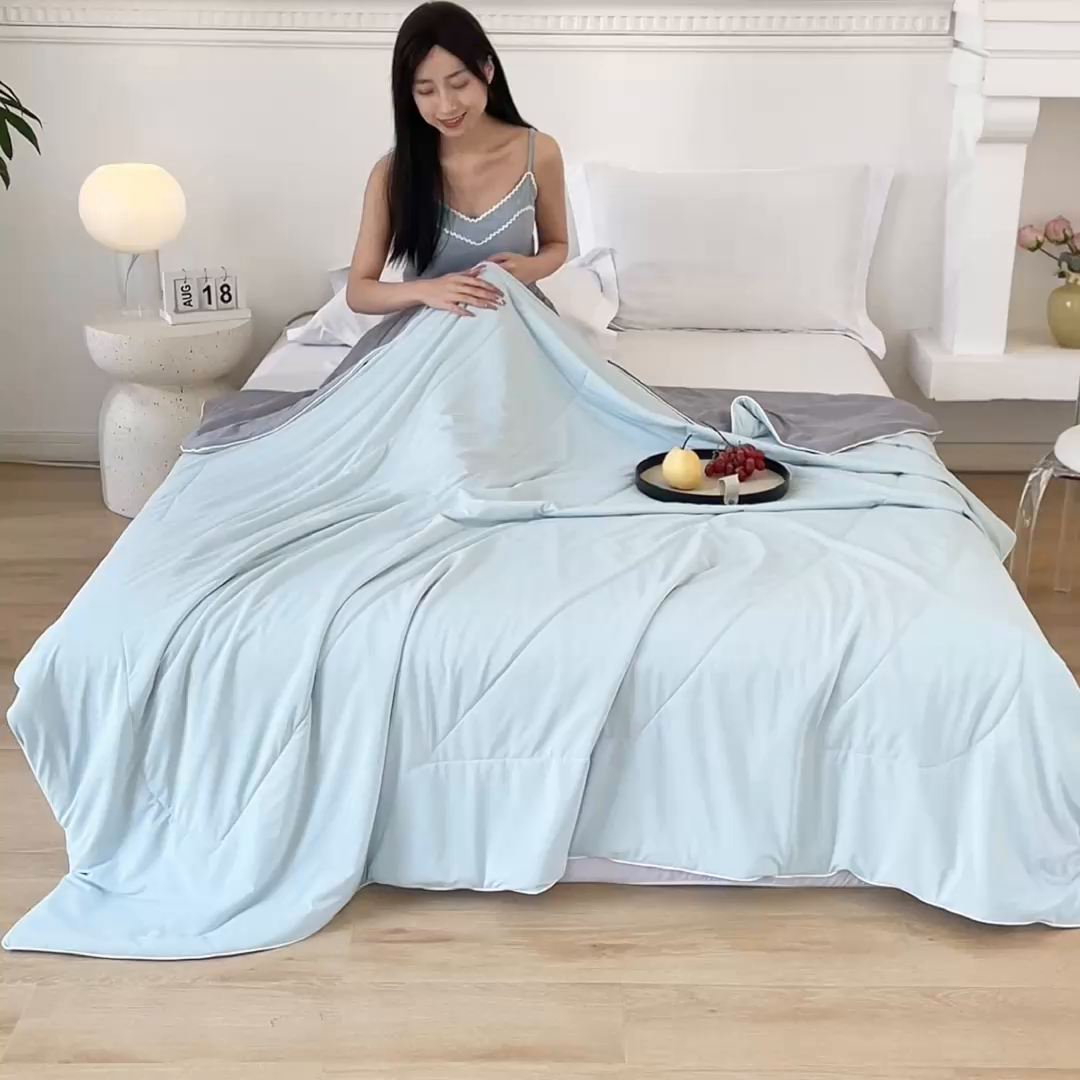 91家纺网 家纺一手货源 找家纺 库里梦家纺 2026新款A类母婴级冰肤凉感夏被锦氨双面凉皮皮夏凉被 凉皮皮-蓝灰