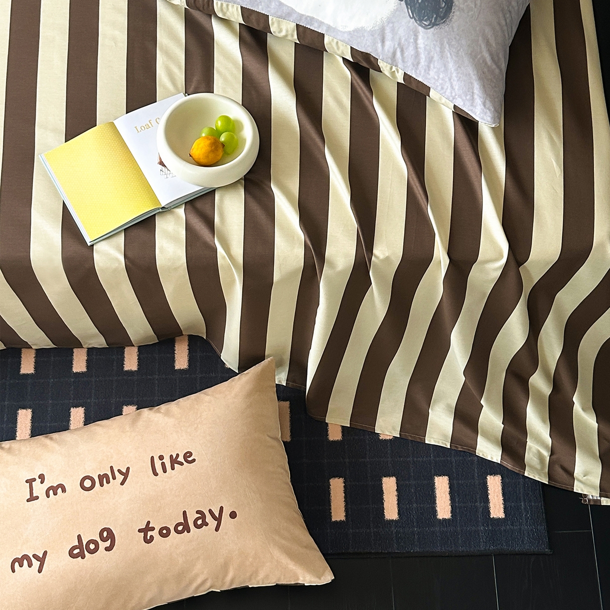 91家纺网 家纺一手货源 找家纺 桃子家居 2026新款A类全棉纯棉水洗简约混搭数码印花条纹星纹复古治愈卡通单品床单床笠系列 水洗棉单品床单-奶棕安睡狗