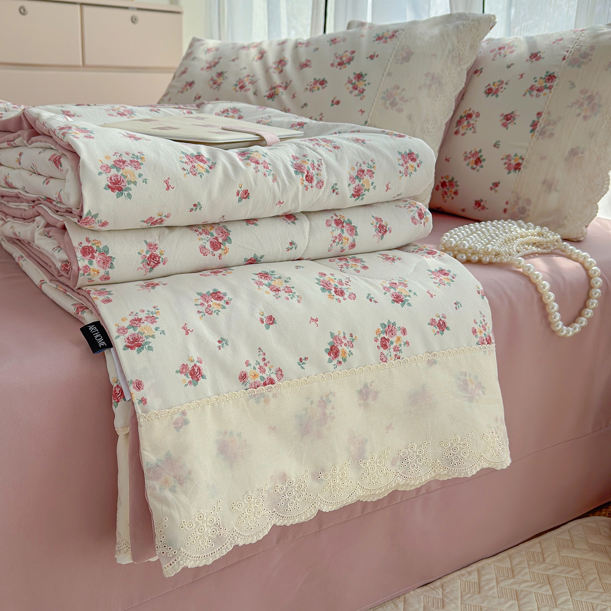 竹合家纺 2026春夏新款古法水洗仿棉云感棉夏被四件套全棉花边印花夏凉被空调被 棠梨