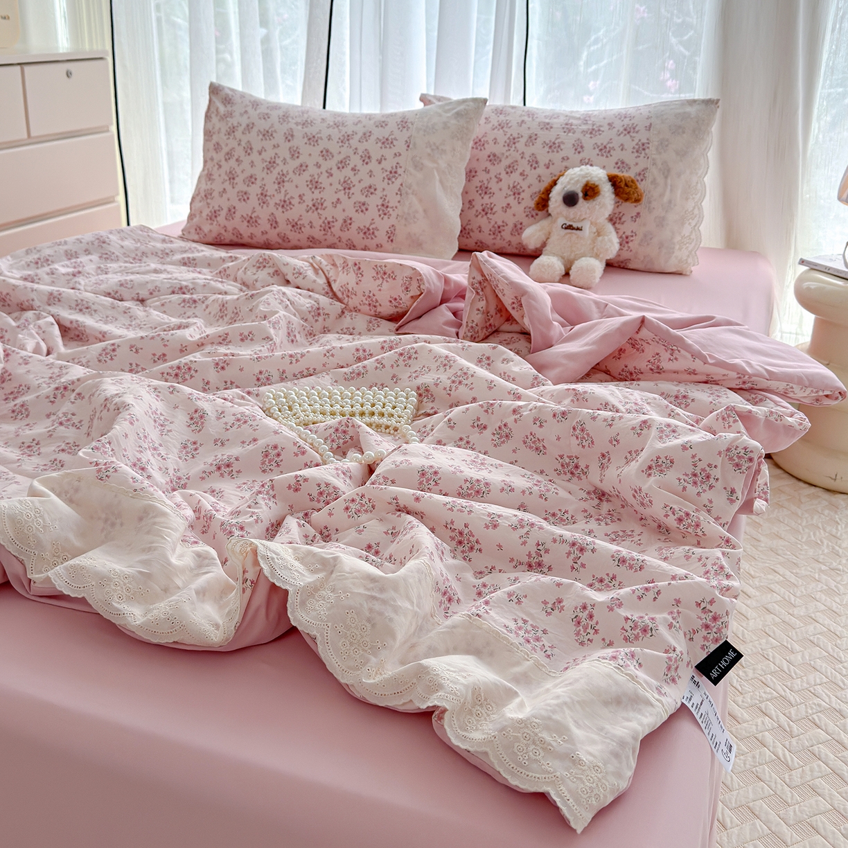 91家纺网 家纺一手货源 找家纺 竹合家纺 2026春夏新款古法水洗仿棉云感棉夏被四件套全棉花边印花夏凉被空调被 桃笺