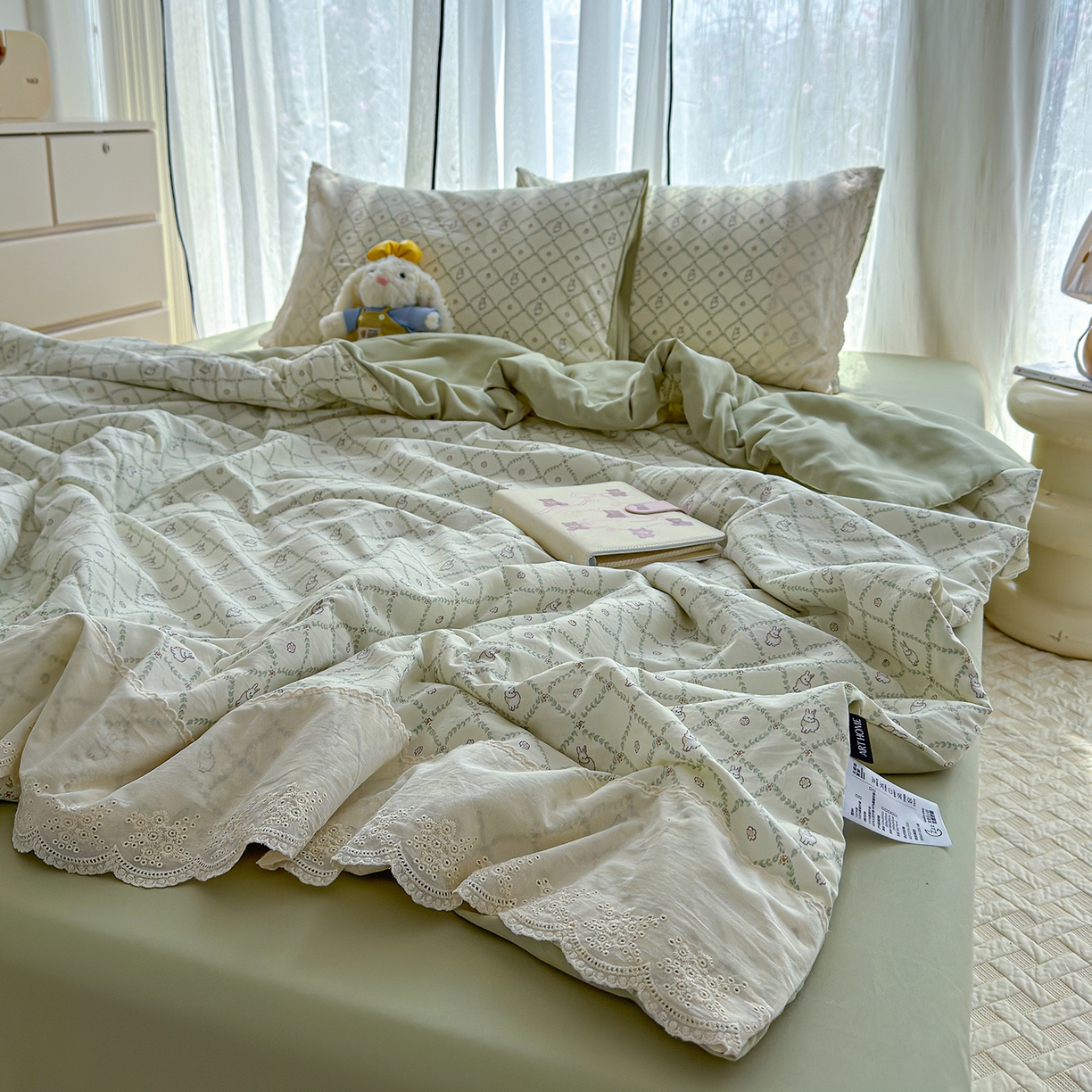 91家纺网 家纺一手货源 找家纺 竹合家纺 2026春夏新款古法水洗仿棉云感棉夏被四件套全棉花边印花夏凉被空调被 兔朵朵
