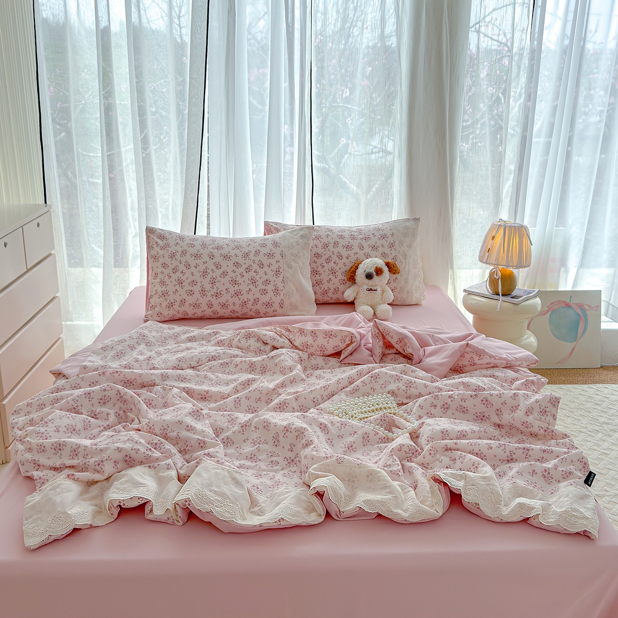 91家纺网 家纺一手货源 找家纺 竹合家纺 2026春夏新款古法水洗仿棉云感棉夏被四件套全棉花边印花夏凉被空调被 桃笺