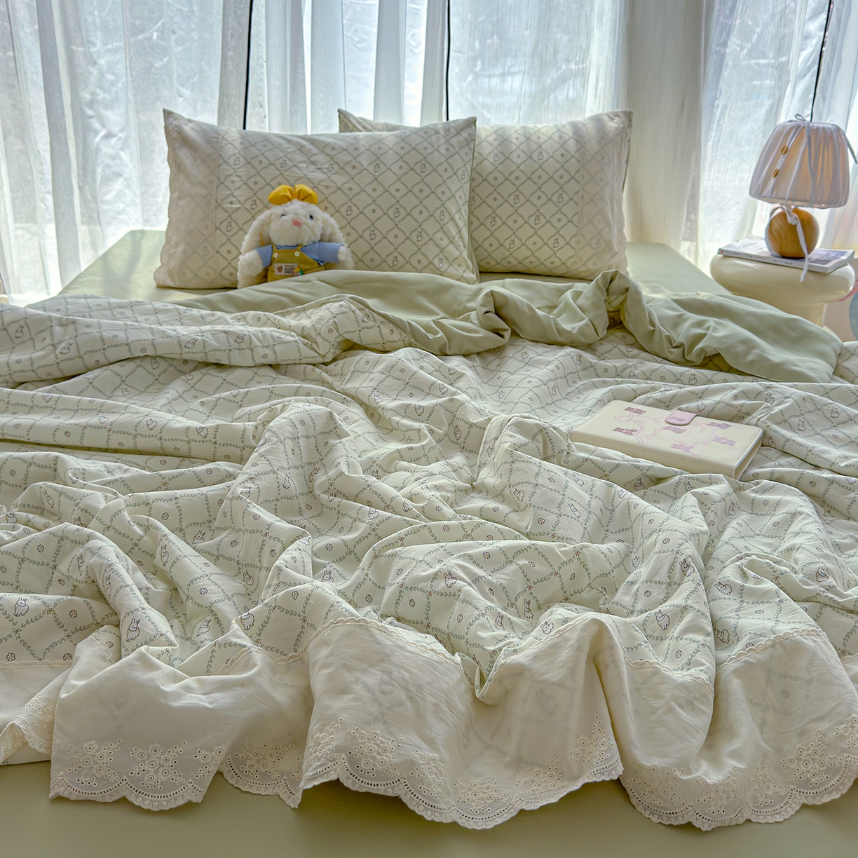 91家纺网 家纺一手货源 找家纺 竹合家纺 2026春夏新款古法水洗仿棉云感棉夏被四件套全棉花边印花夏凉被空调被 兔朵朵