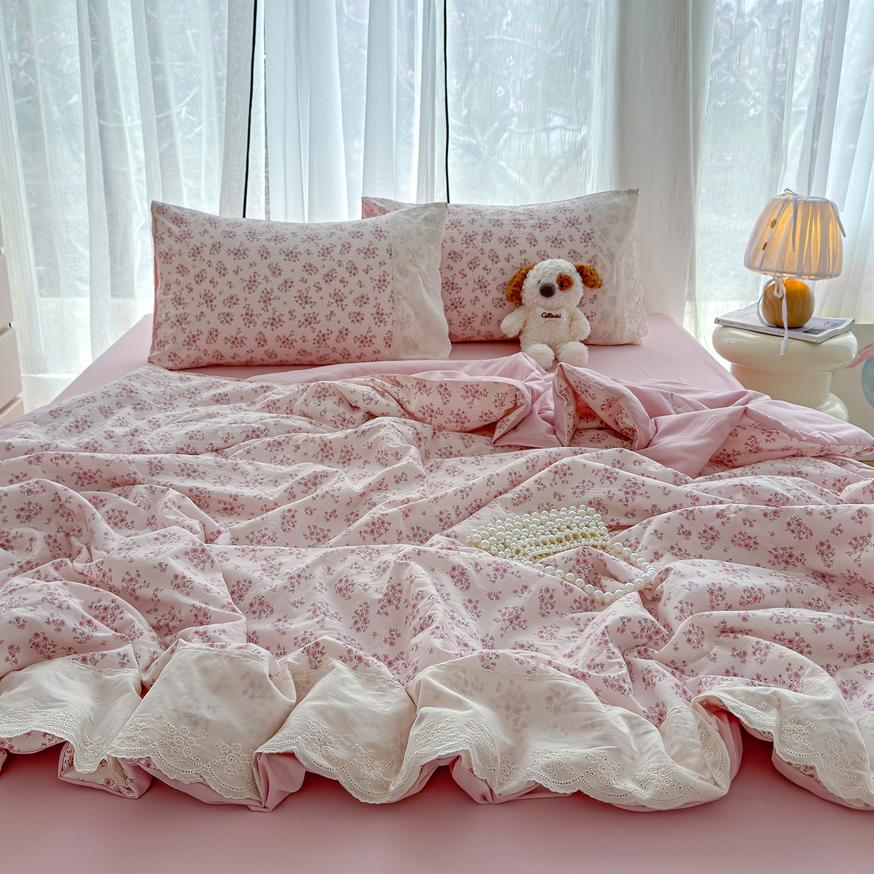 91家纺网 家纺一手货源 找家纺 竹合家纺 2026春夏新款古法水洗仿棉云感棉夏被四件套全棉花边印花夏凉被空调被 桃笺