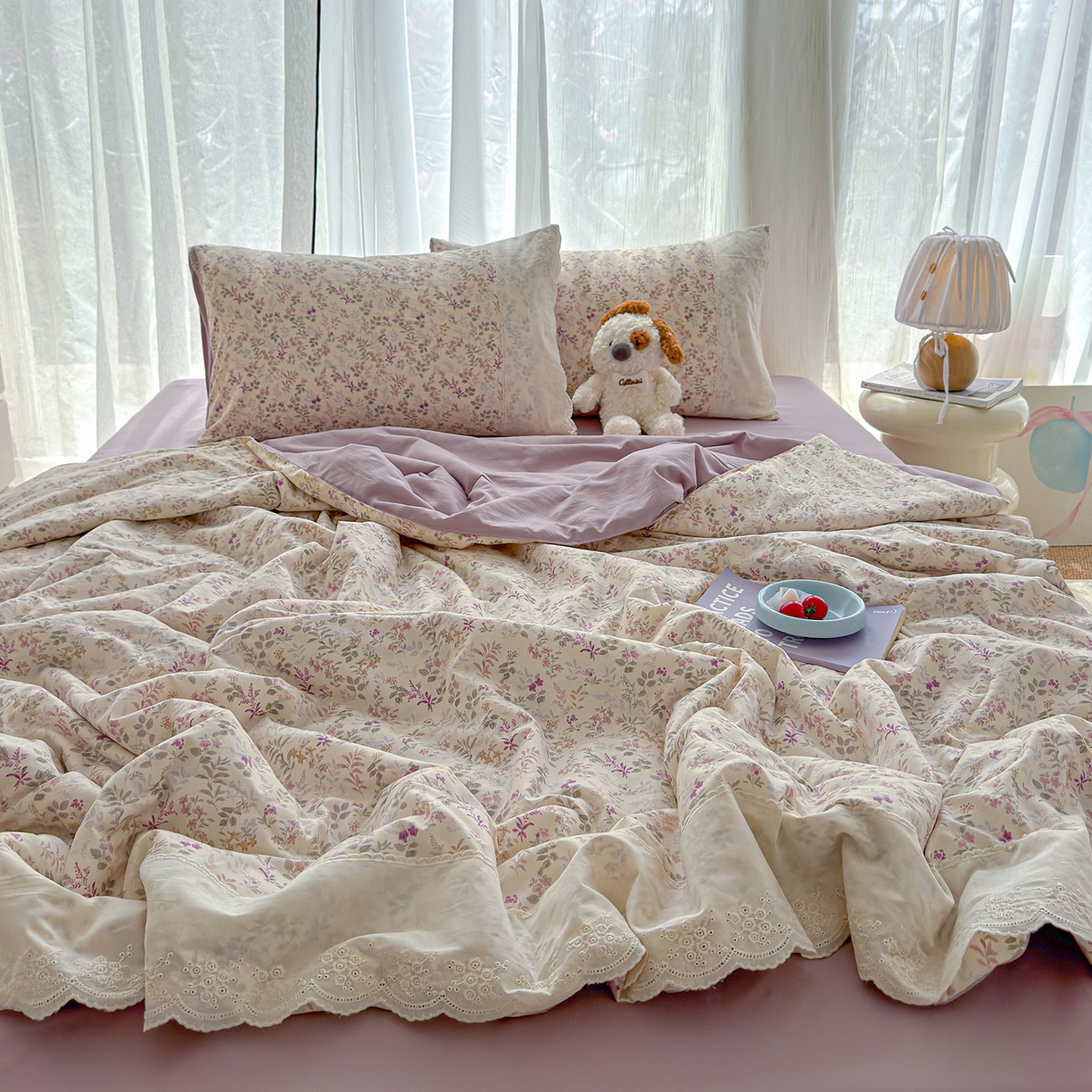 91家纺网 家纺一手货源 找家纺 竹合家纺 2026春夏新款古法水洗仿棉云感棉夏被四件套全棉花边印花夏凉被空调被 花酿