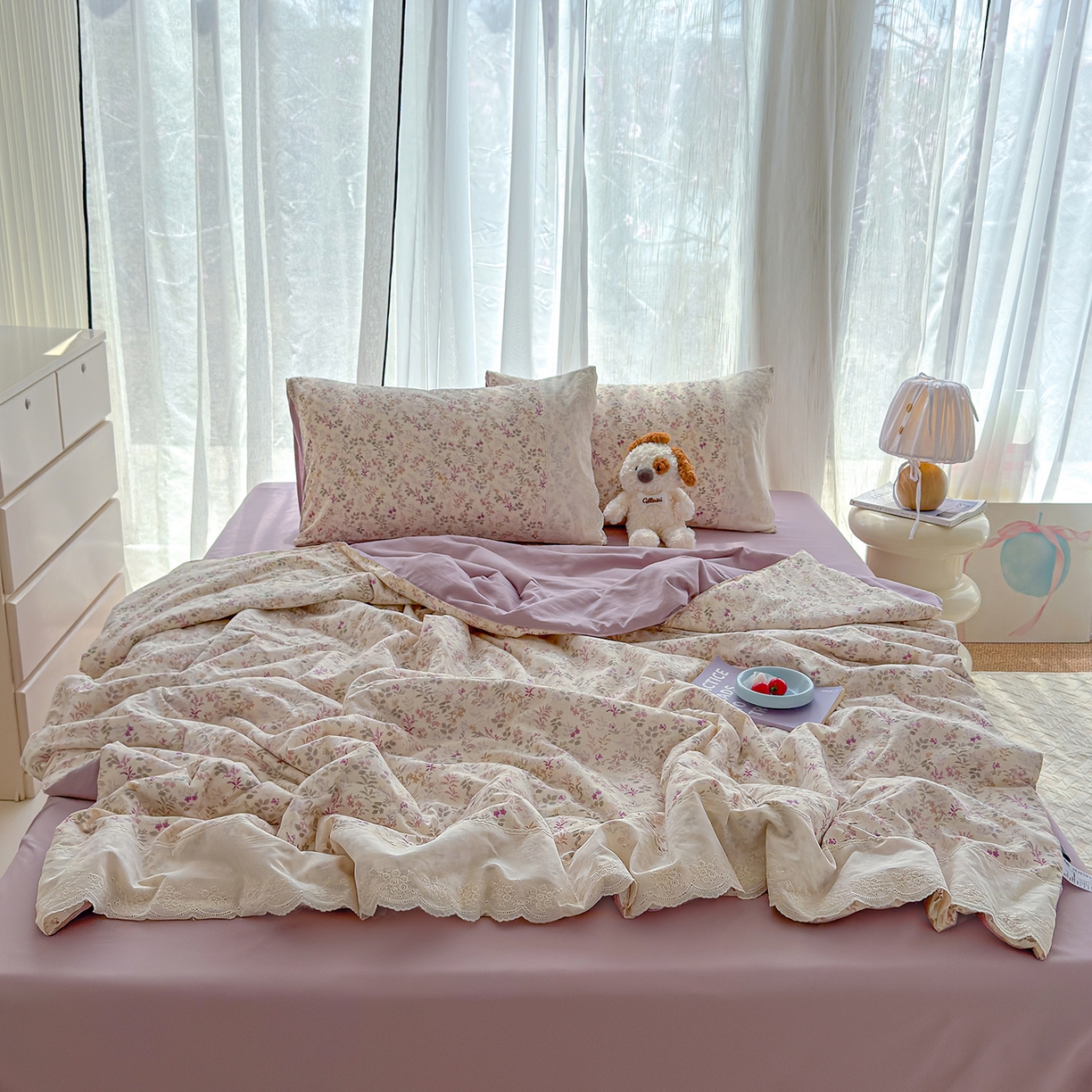 91家纺网 家纺一手货源 找家纺 竹合家纺 2026春夏新款古法水洗仿棉云感棉夏被四件套全棉花边印花夏凉被空调被 花酿