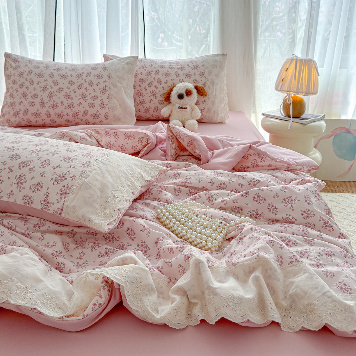 91家纺网 家纺一手货源 找家纺 竹合家纺 2026春夏新款古法水洗仿棉云感棉夏被四件套全棉花边印花夏凉被空调被 桃笺