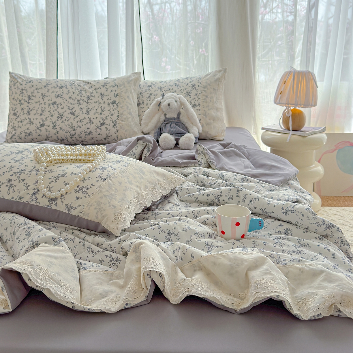 91家纺网 家纺一手货源 找家纺 竹合家纺 2026春夏新款古法水洗仿棉云感棉夏被四件套全棉花边印花夏凉被空调被 素羽