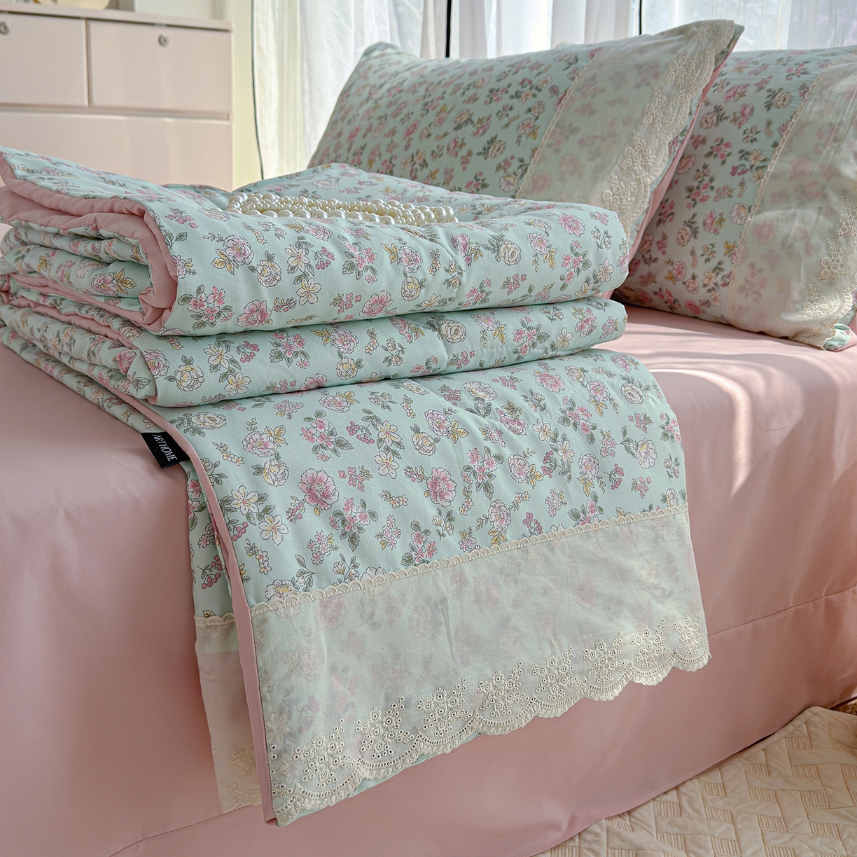 竹合家纺 2026春夏新款古法水洗仿棉云感棉夏被四件套全棉花边印花夏凉被空调被 花畔
