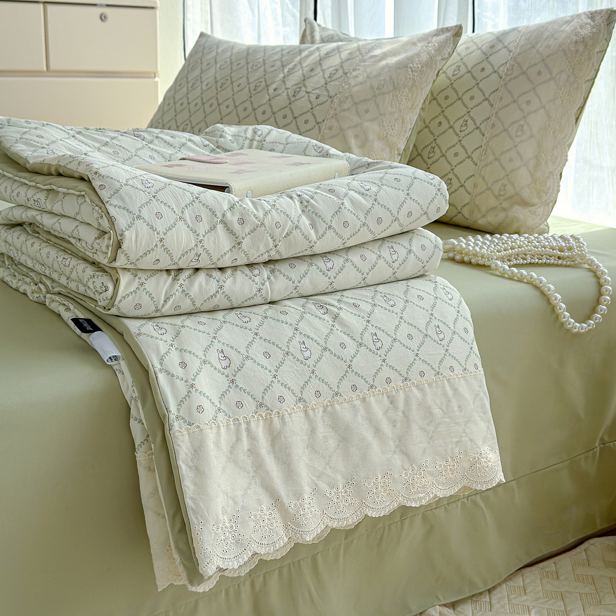 竹合家纺 2026春夏新款古法水洗仿棉云感棉夏被四件套全棉花边印花夏凉被空调被 兔朵朵