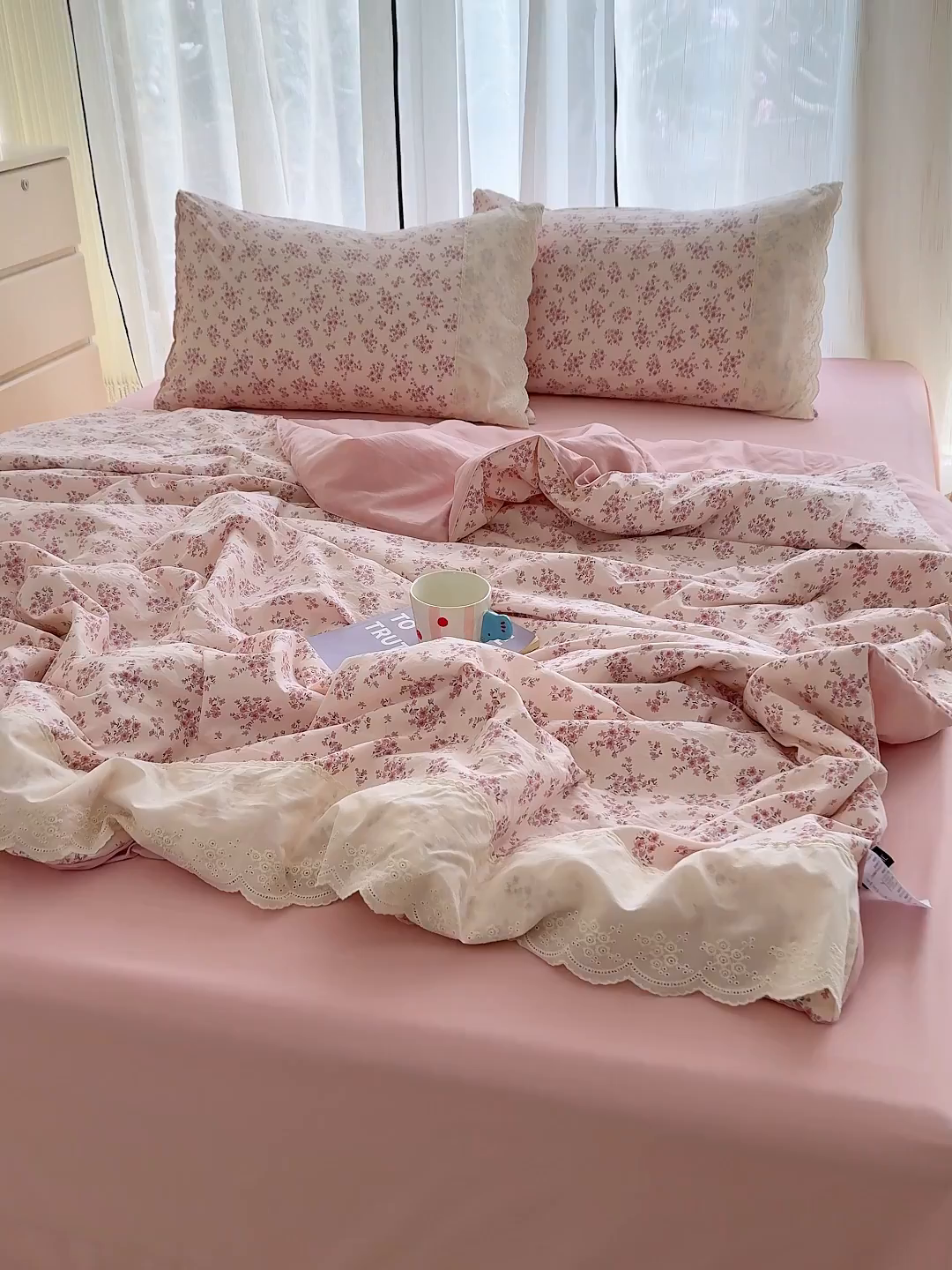 91家纺网 家纺一手货源 找家纺 竹合家纺 2026春夏新款古法水洗仿棉云感棉夏被四件套全棉花边印花夏凉被空调被 桃笺
