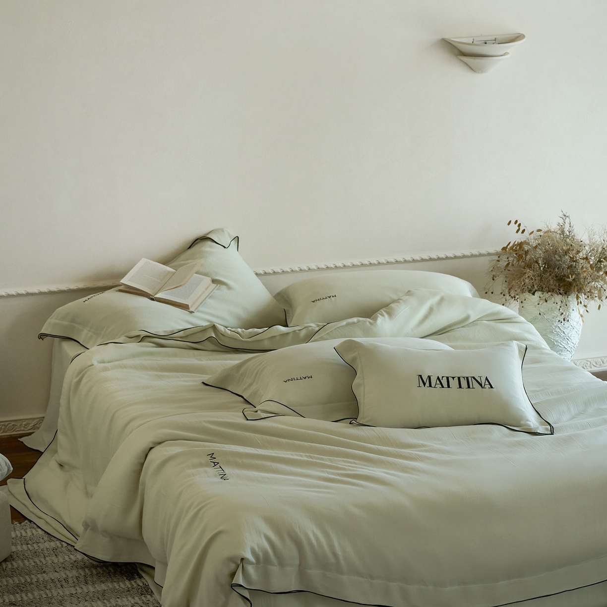 91家纺网 家纺一手货源 找家纺 时亿家居 2026新款砂洗水洗兰精天丝四件套-奶芙系列 奶芙-贝卡绿