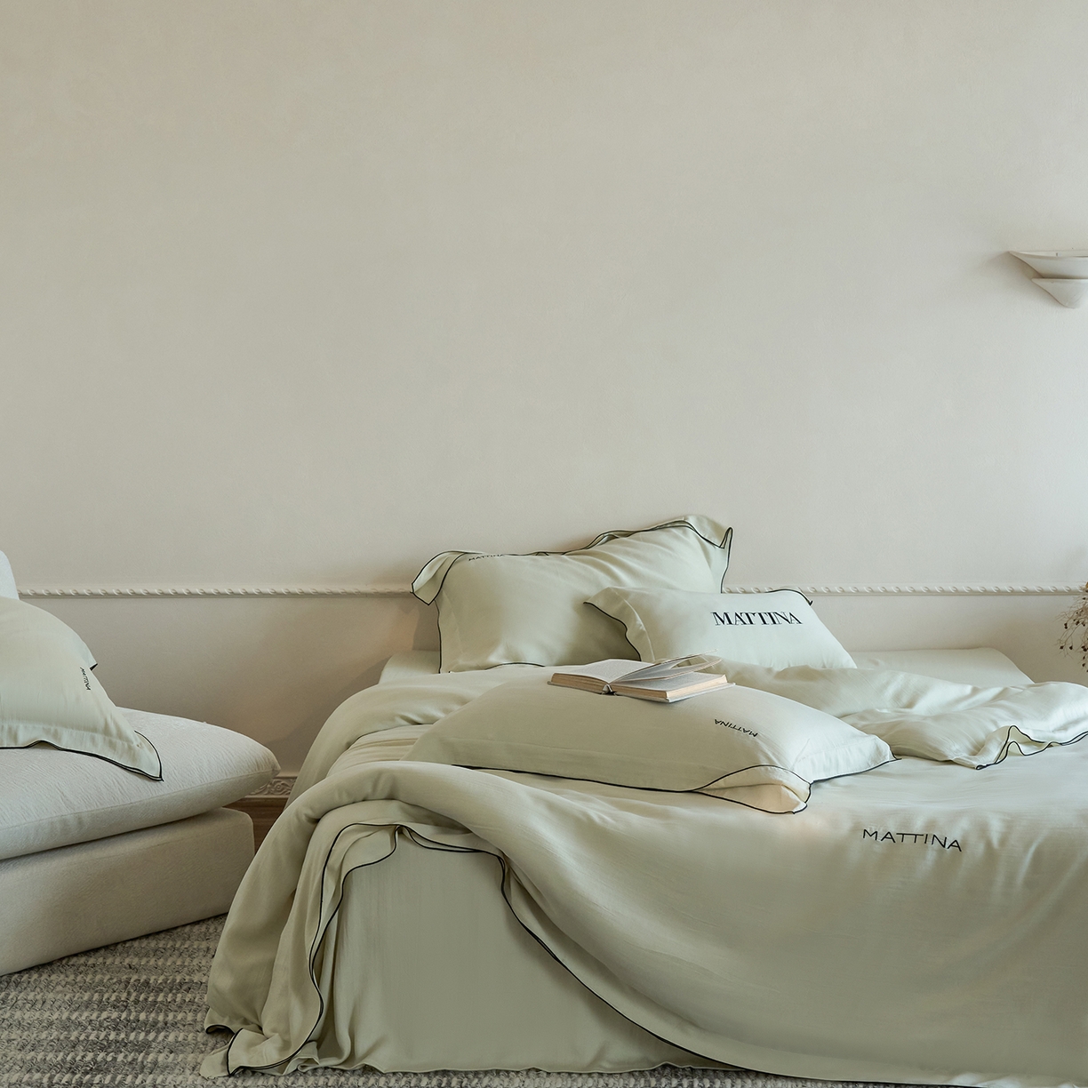 91家纺网 家纺一手货源 找家纺 时亿家居 2026新款砂洗水洗兰精天丝四件套-奶芙系列 奶芙-贝卡绿