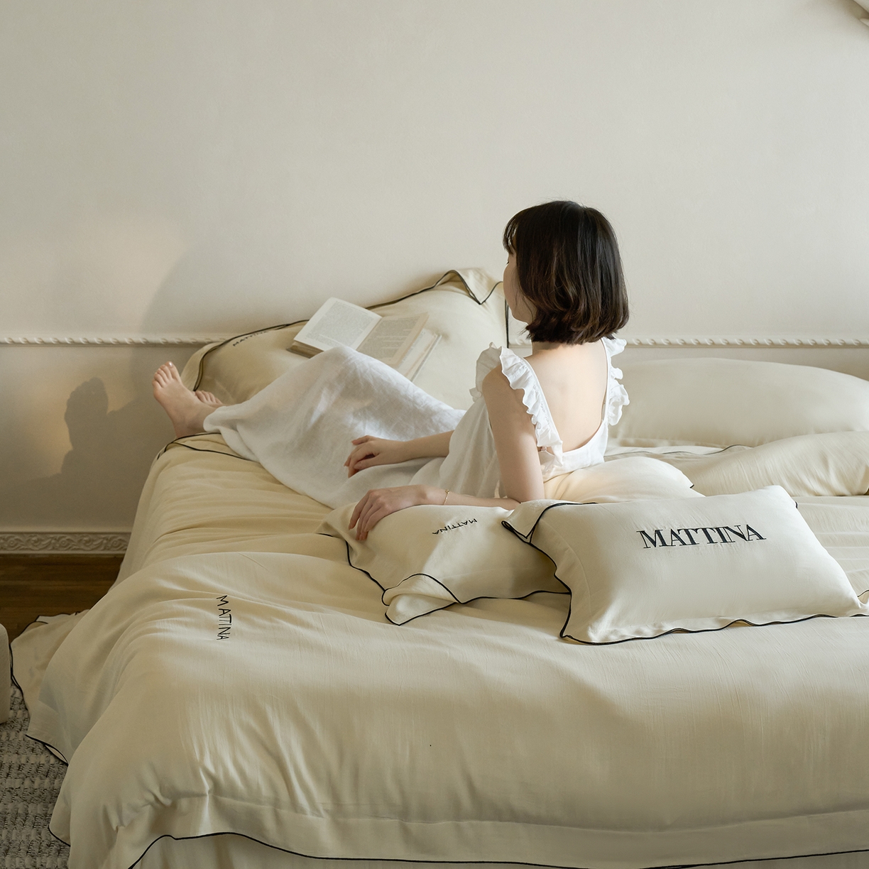 91家纺网 家纺一手货源 找家纺 时亿家居 2026新款砂洗水洗兰精天丝四件套-奶芙系列 奶芙-香槟金