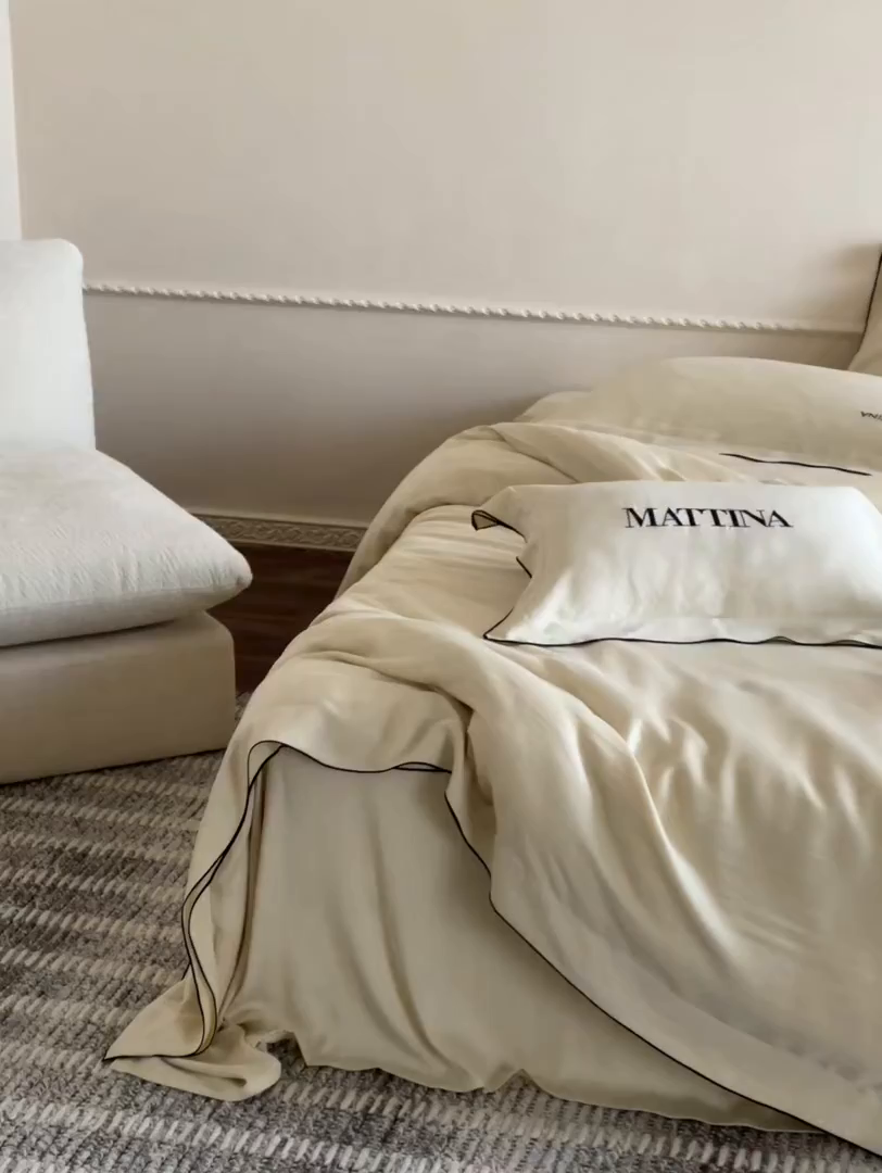 91家纺网 家纺一手货源 找家纺 时亿家居 2026新款砂洗水洗兰精天丝四件套-奶芙系列 奶芙-香槟金