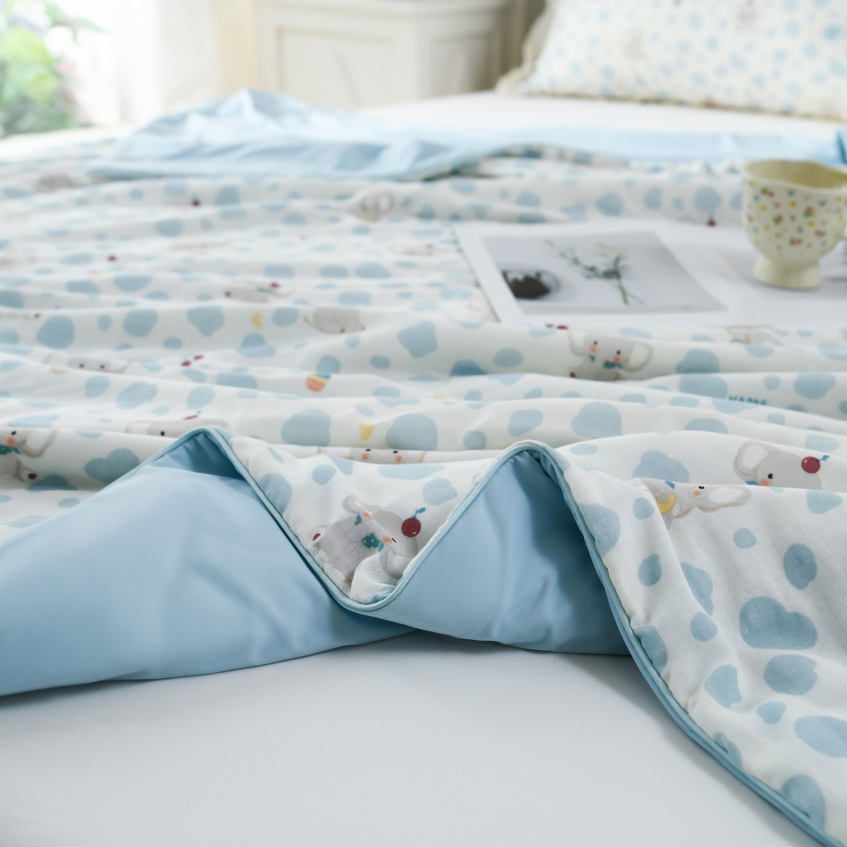 91家纺网 家纺一手货源 找家纺 CINNY馨宜 2026新款双层纱锦氨凉感夏被双面睡感夏被 斑点象-兰