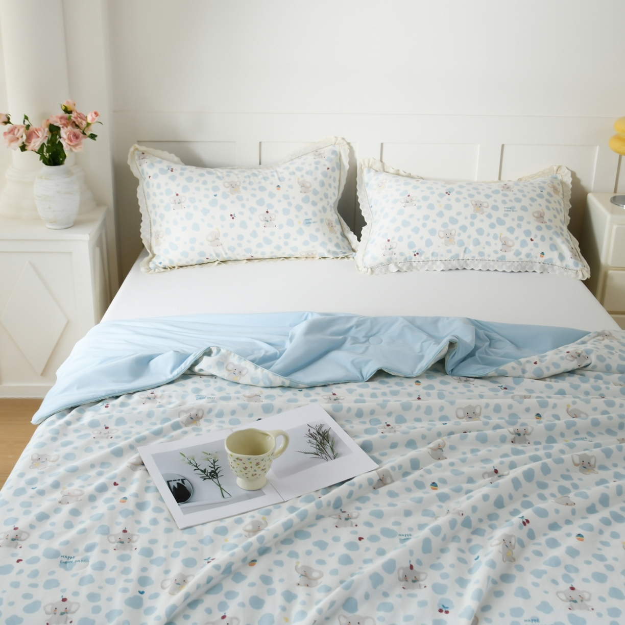 91家纺网 家纺一手货源 找家纺 CINNY馨宜 2026新款双层纱锦氨凉感夏被双面睡感夏被 斑点象-兰