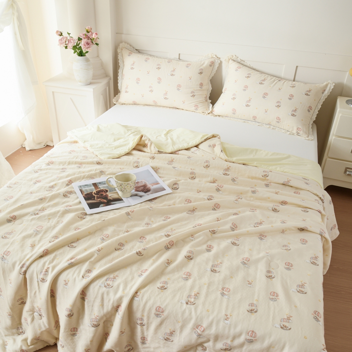 91家纺网 家纺一手货源 找家纺 CINNY馨宜 2026新款双层纱锦氨凉感夏被双面睡感夏被 云朵童话-咖