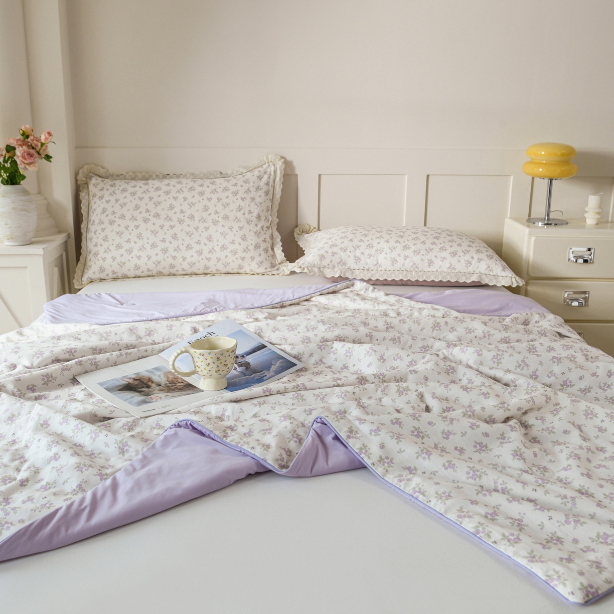 91家纺网 家纺一手货源 找家纺 CINNY馨宜 2026新款双层纱锦氨凉感夏被双面睡感夏被 花樱-紫