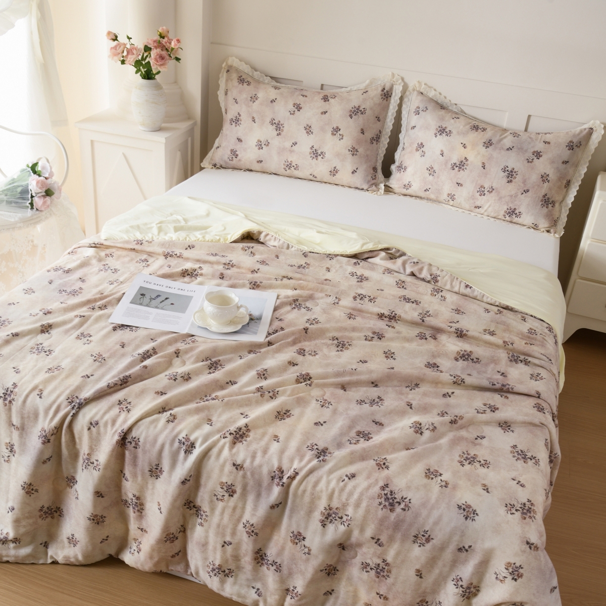 91家纺网 家纺一手货源 找家纺 CINNY馨宜 2026新款双层纱锦氨凉感夏被双面睡感夏被 粉棠-灰