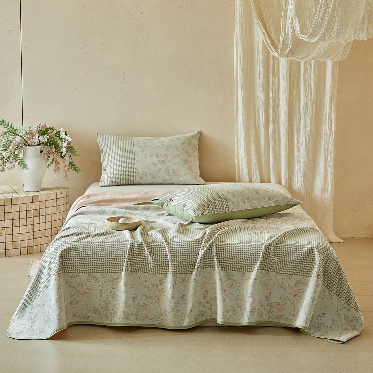 91家纺网 家纺一手货源 找家纺 （总）孑寐家纺 2026新款100%纯棉色织双面大提花老粗布凉席三件套