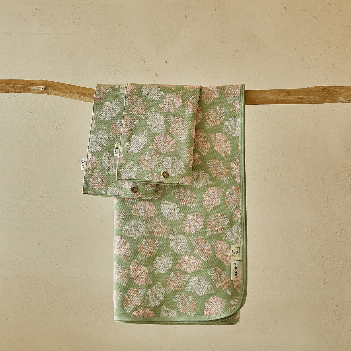 孑寐家纺 2026新款100%纯棉色织双面大提花老粗布凉席三件套 银杏叶影-绿色