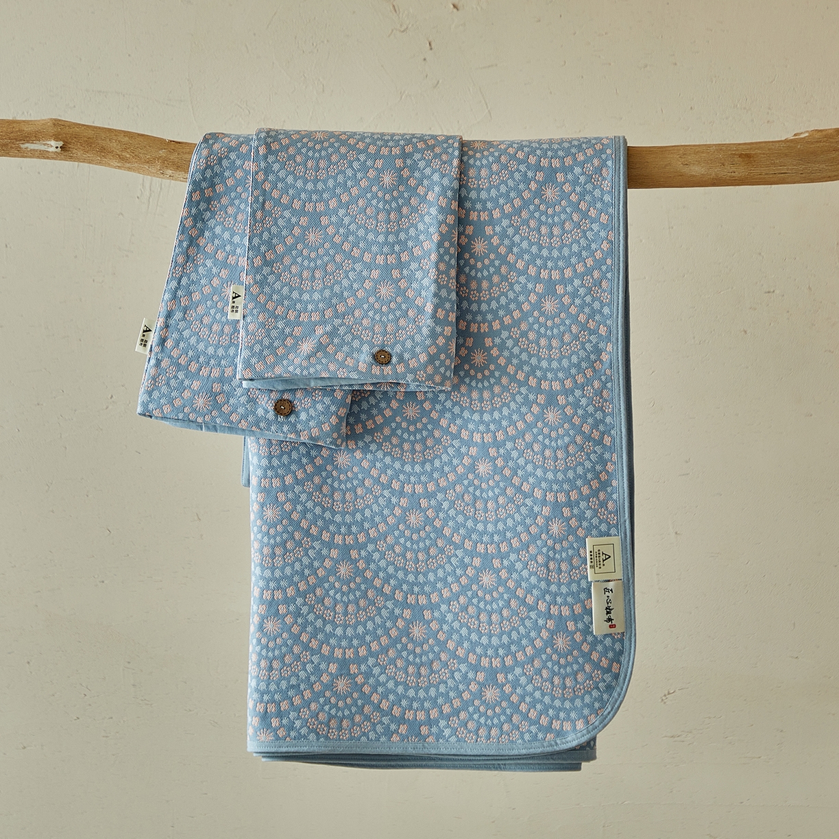 孑寐家纺 2026新款100%纯棉色织双面大提花老粗布凉席三件套 彩虹太阳花-蓝色