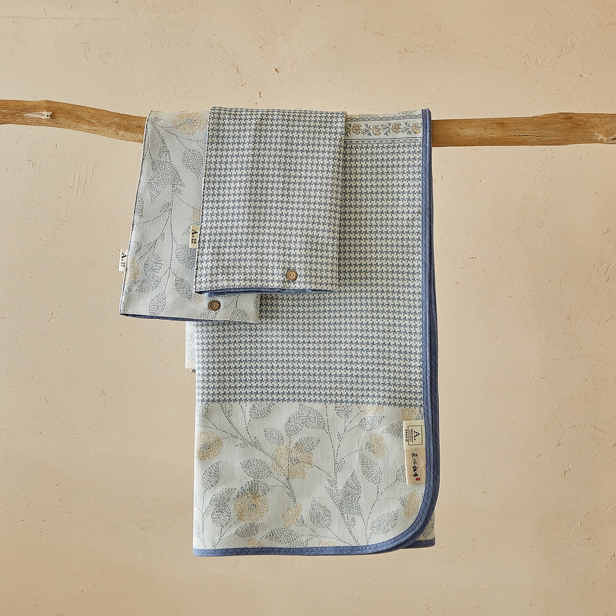 孑寐家纺 2026新款100%纯棉色织双面大提花老粗布凉席三件套 森间枝语-蓝色