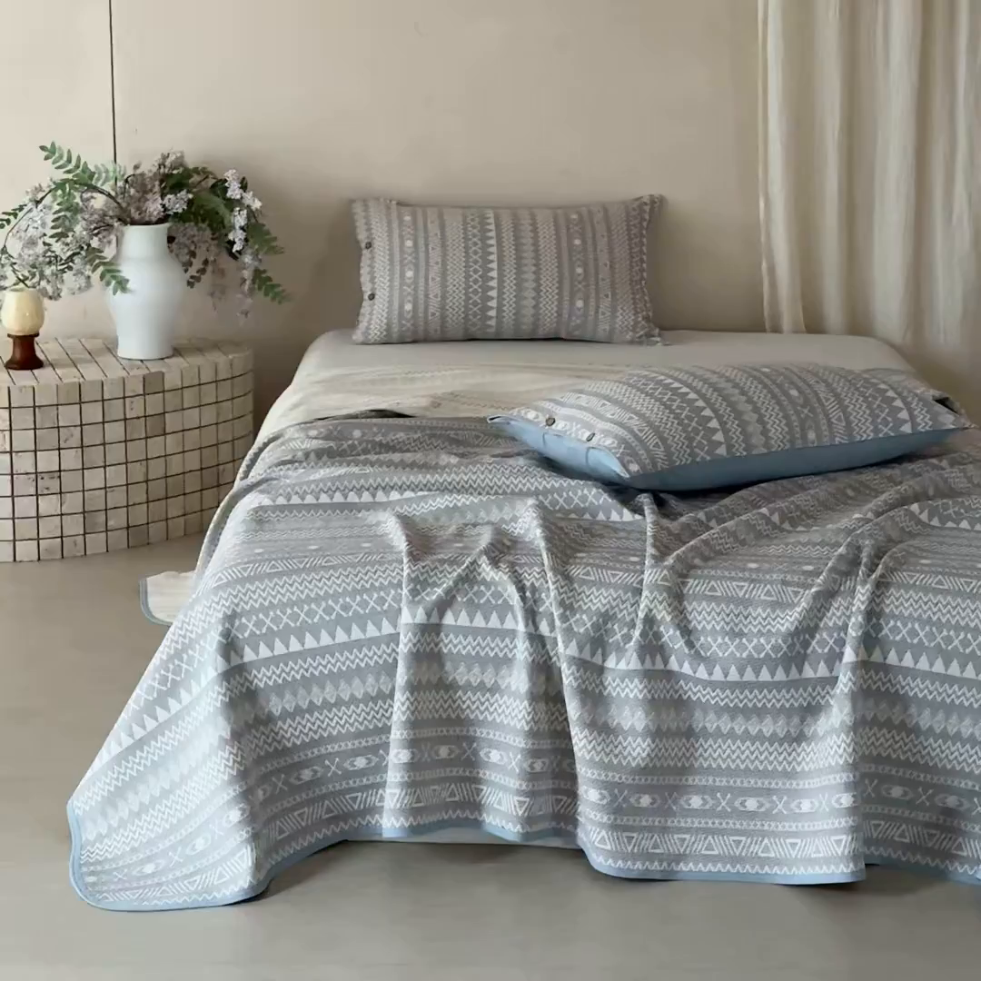 91家纺网 家纺一手货源 找家纺 孑寐家纺 2026新款100%纯棉色织双面大提花老粗布凉席三件套 几何波纹-蓝灰