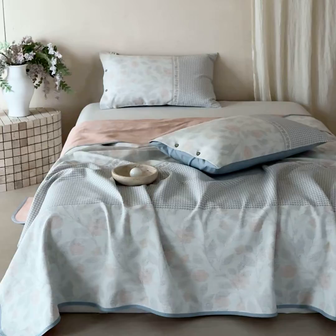 91家纺网 家纺一手货源 找家纺 孑寐家纺 2026新款100%纯棉色织双面大提花老粗布凉席三件套 森间枝语-橘调