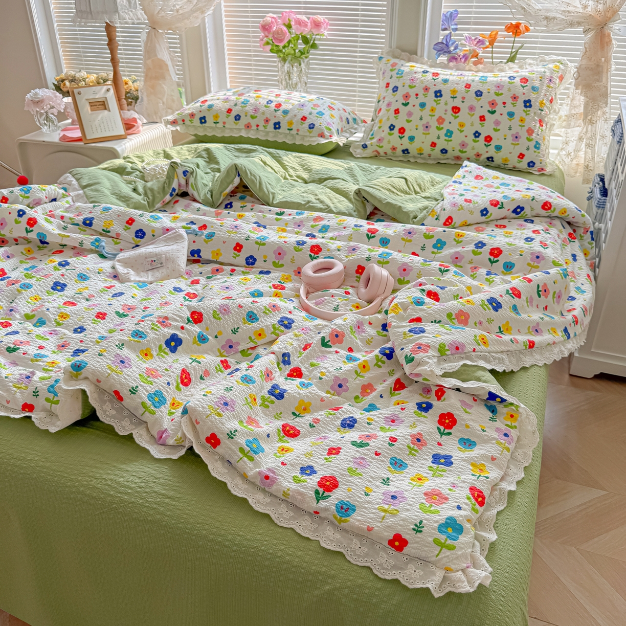 91家纺网 家纺一手货源 找家纺 （总）玉海棠家纺 2026新款泡芙纱全棉纯棉蕾丝花边夏被-花笺系列（软乎乎的质感，治愈所有疲惫）