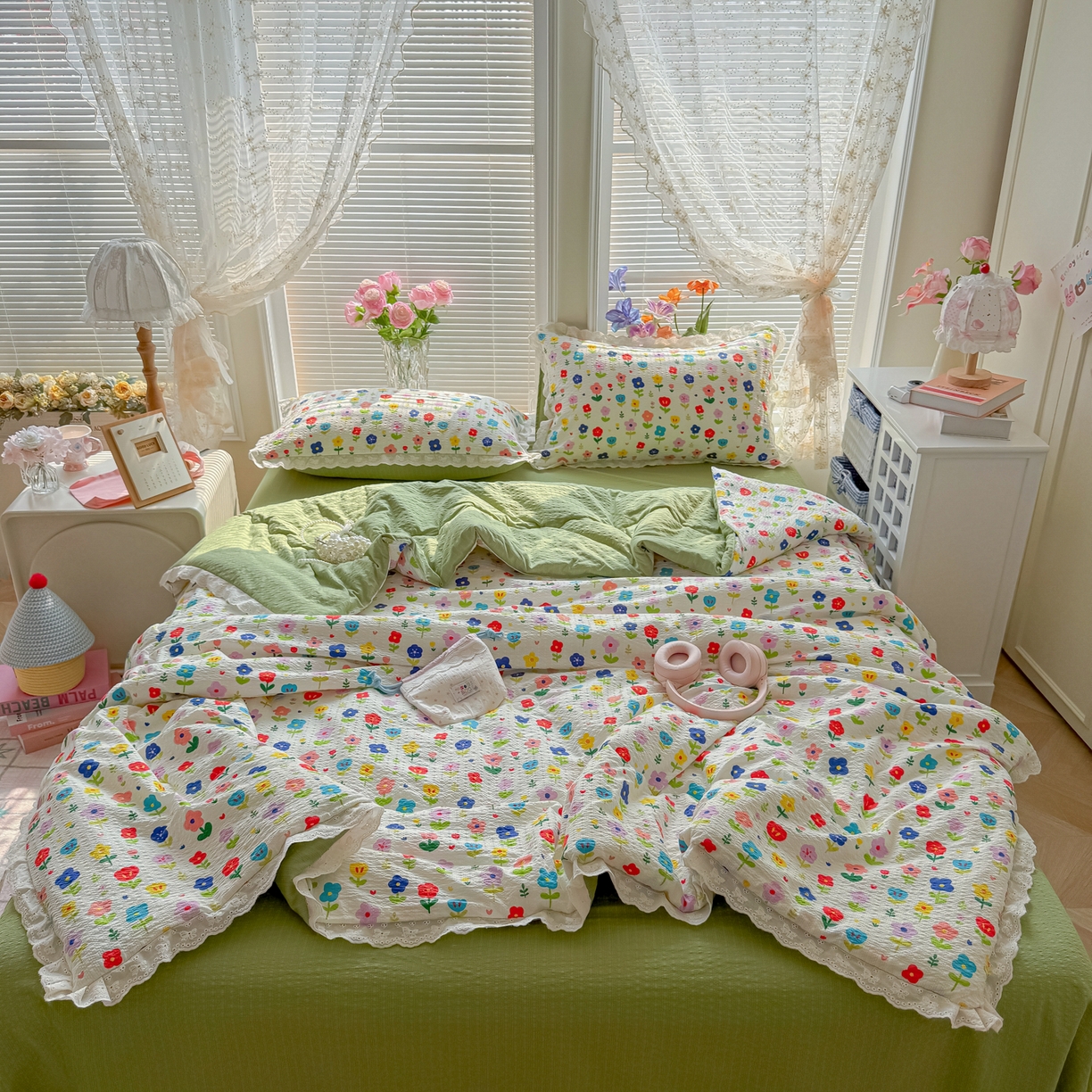 玉海棠家纺 2026新款泡芙纱全棉纯棉蕾丝花边夏被-花笺系列（软乎乎的质感，治愈所有疲惫） 花笺-彩色花园