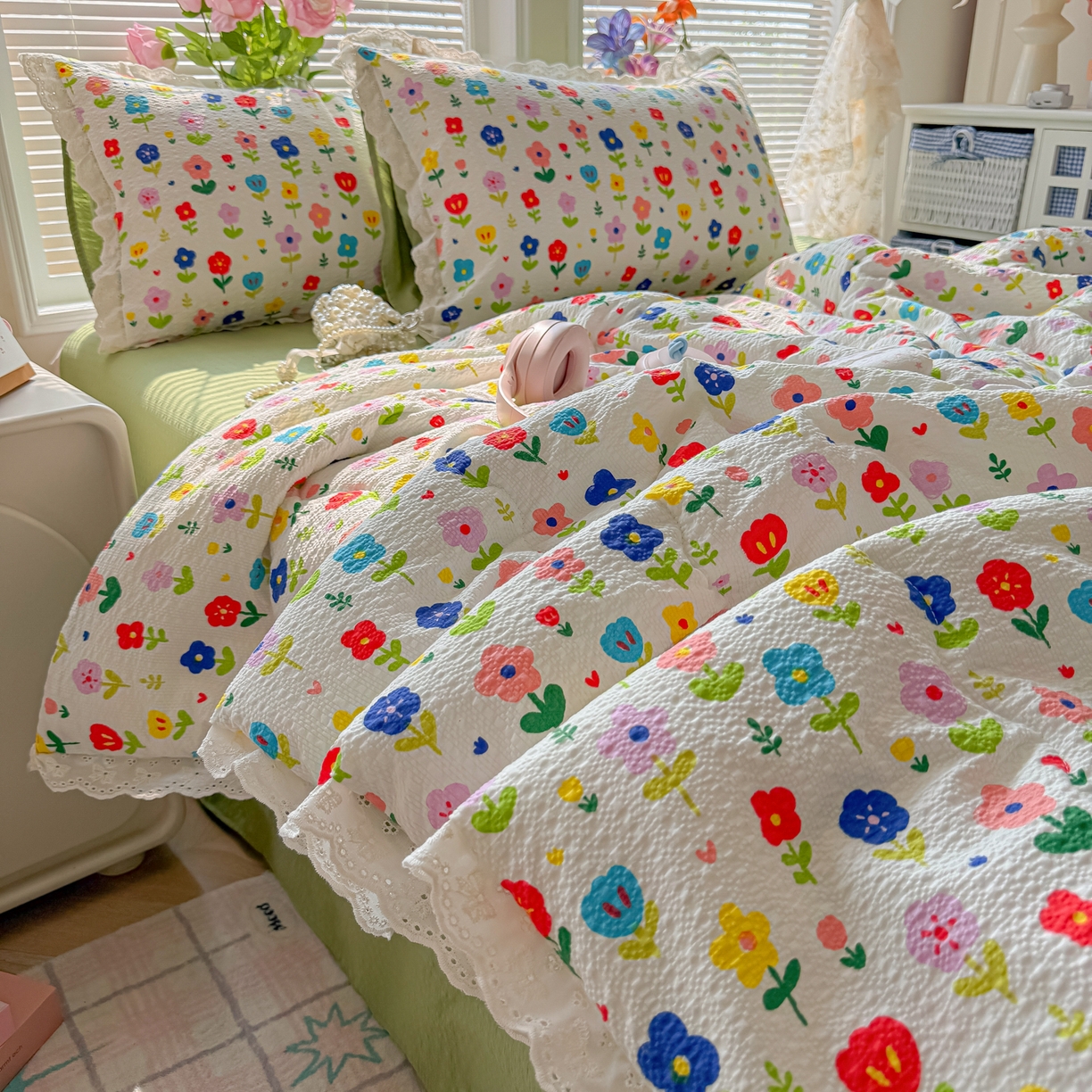 91家纺网 家纺一手货源 找家纺 玉海棠家纺 2026新款泡芙纱全棉纯棉蕾丝花边夏被-花笺系列（软乎乎的质感，治愈所有疲惫） 花笺-彩色花园