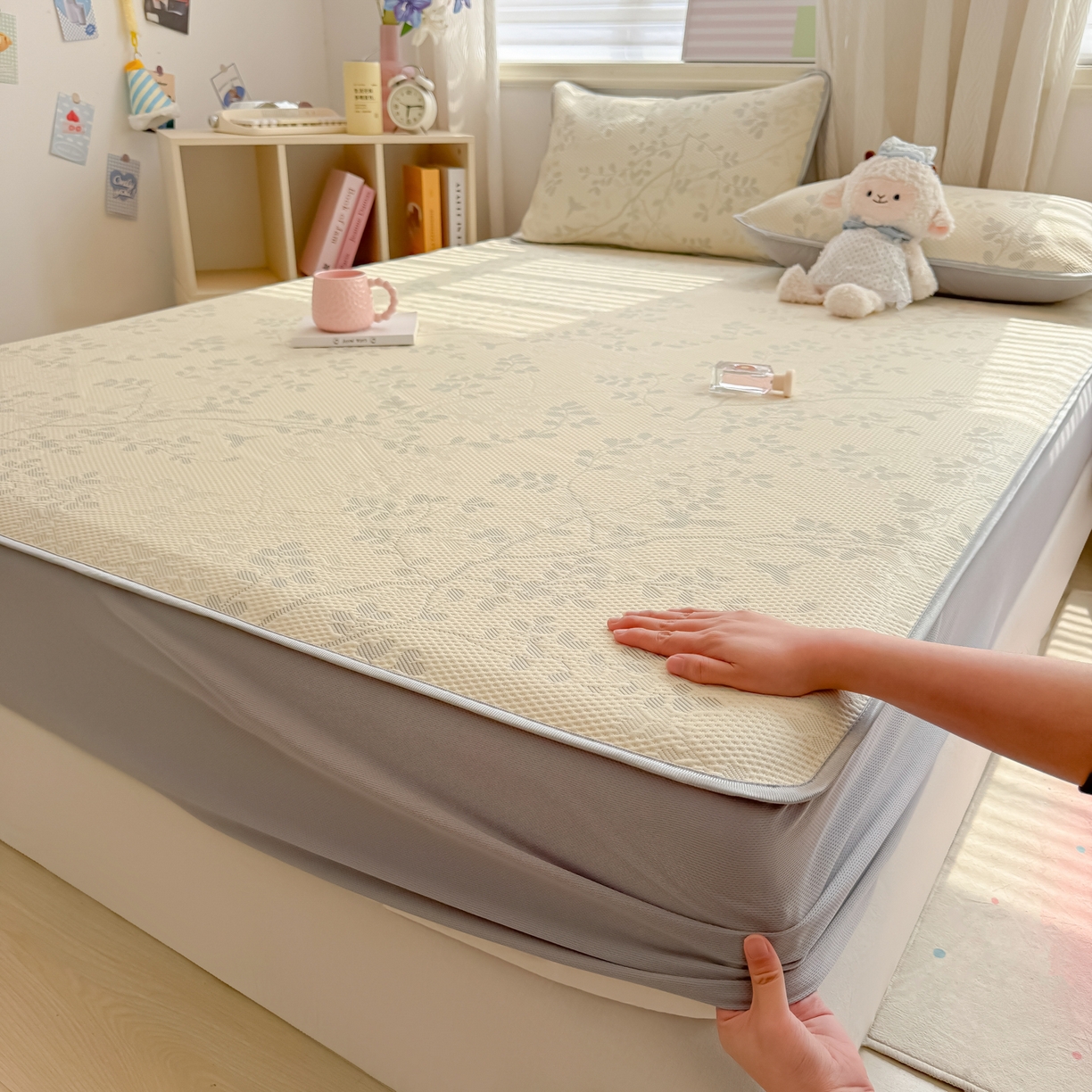 多乐家纺 206新款冰豆豆防水凉感软席凉席席子 花枝金叶-床笠款