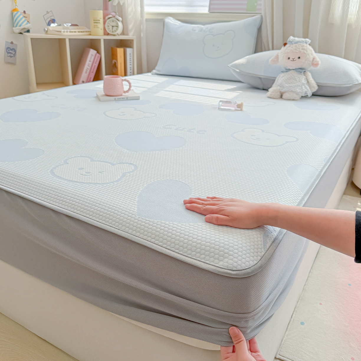 多乐家纺 206新款冰豆豆防水凉感软席凉席席子 爱心熊-床笠款