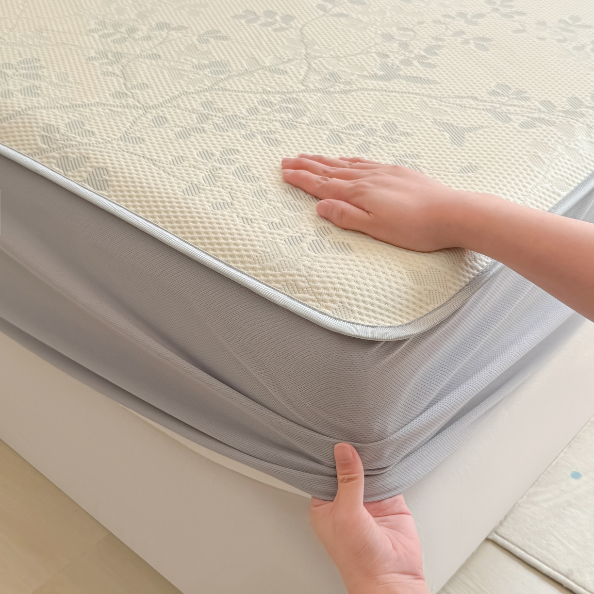 91家纺网 家纺一手货源 找家纺 多乐家纺 206新款冰豆豆防水凉感软席凉席席子 花枝金叶-床笠款