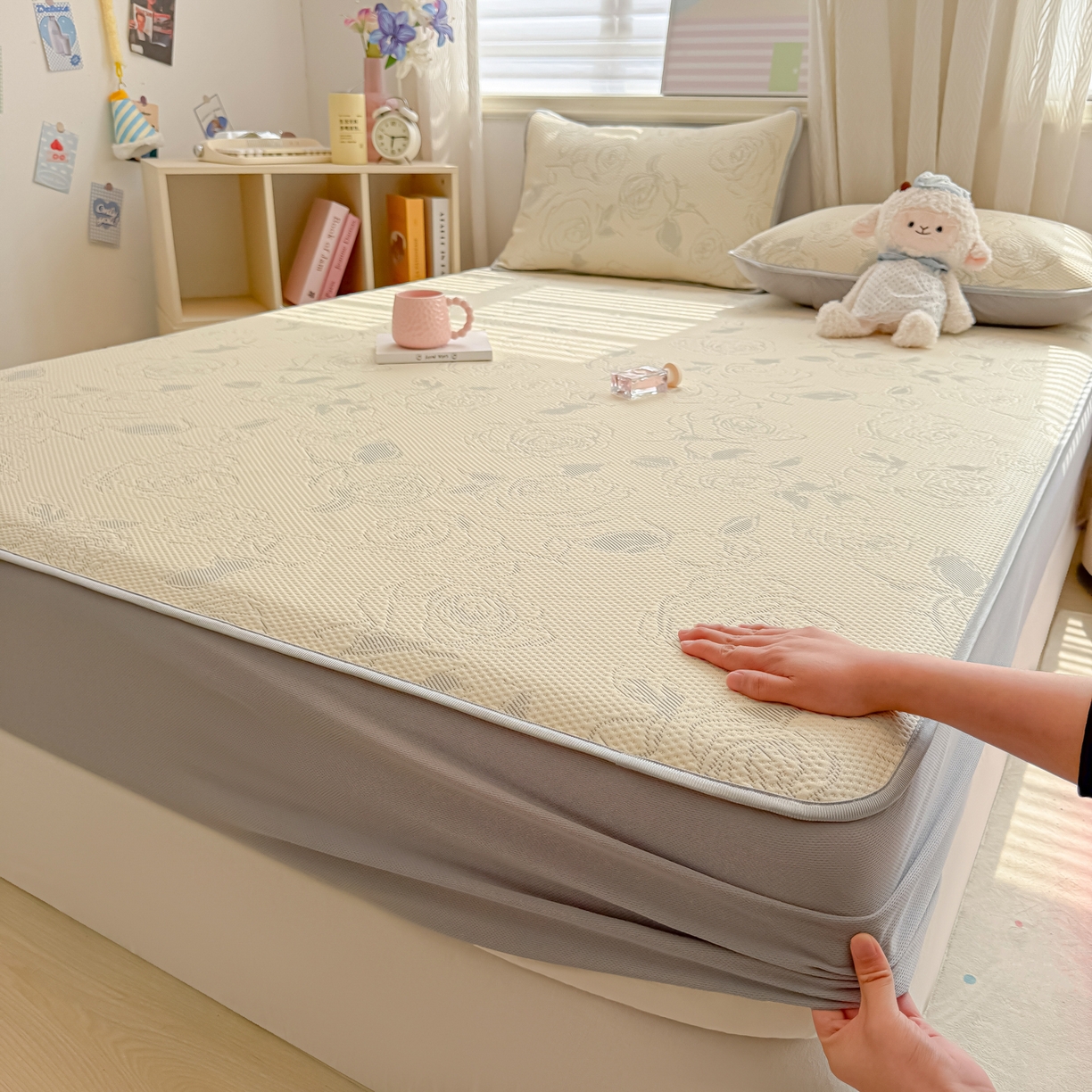 多乐家纺 206新款冰豆豆防水凉感软席凉席席子 大玫瑰-床笠款