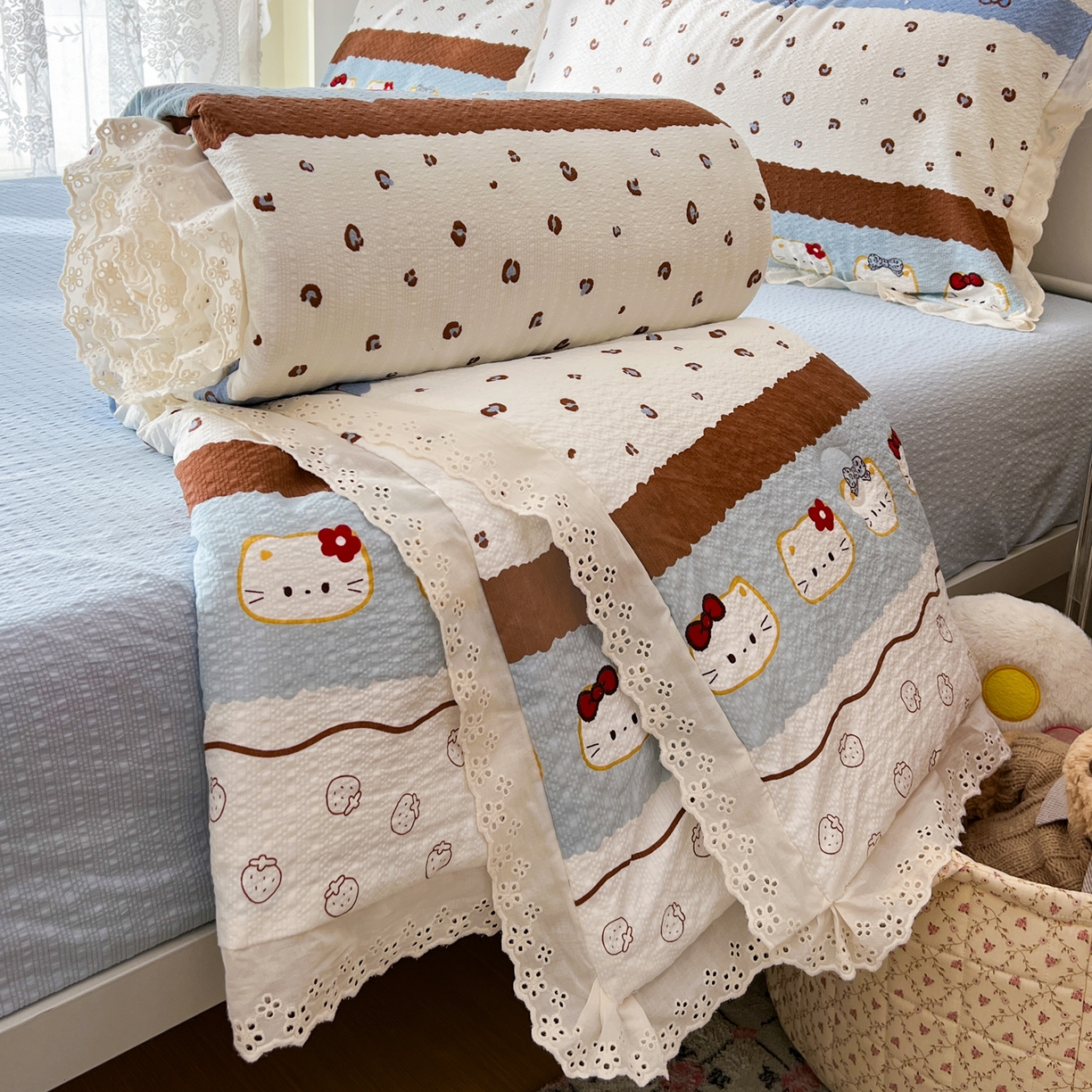 十里居 2026新款A类全棉花边泡芙棉夏凉被 猫咪蓝