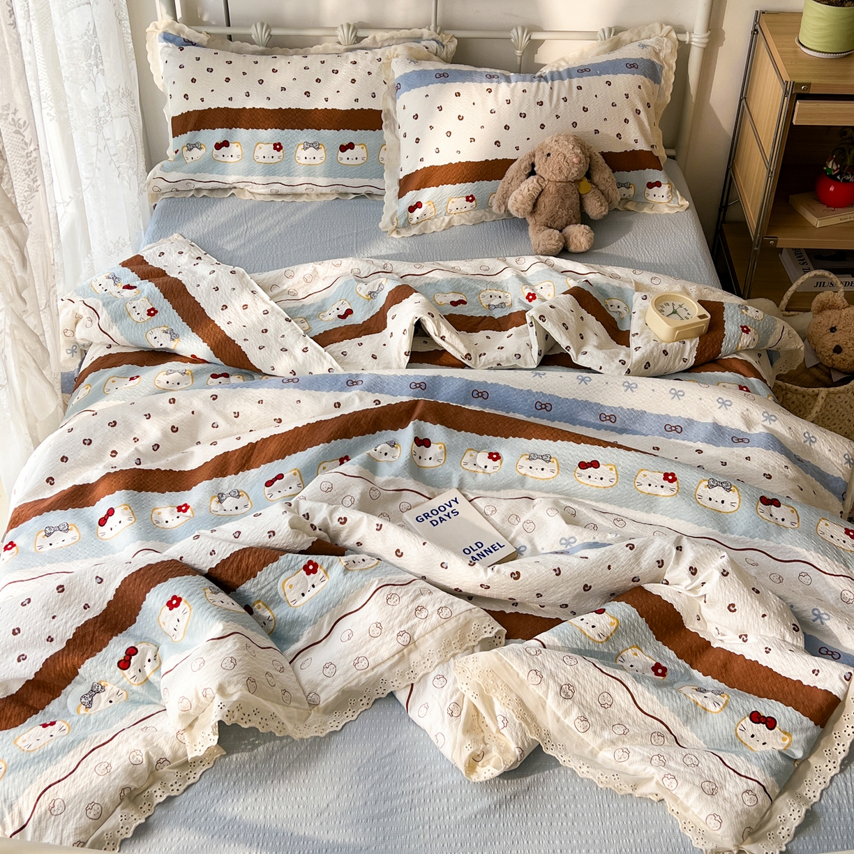 91家纺网 家纺一手货源 找家纺 十里居 2026新款A类全棉花边泡芙棉夏凉被 猫咪蓝