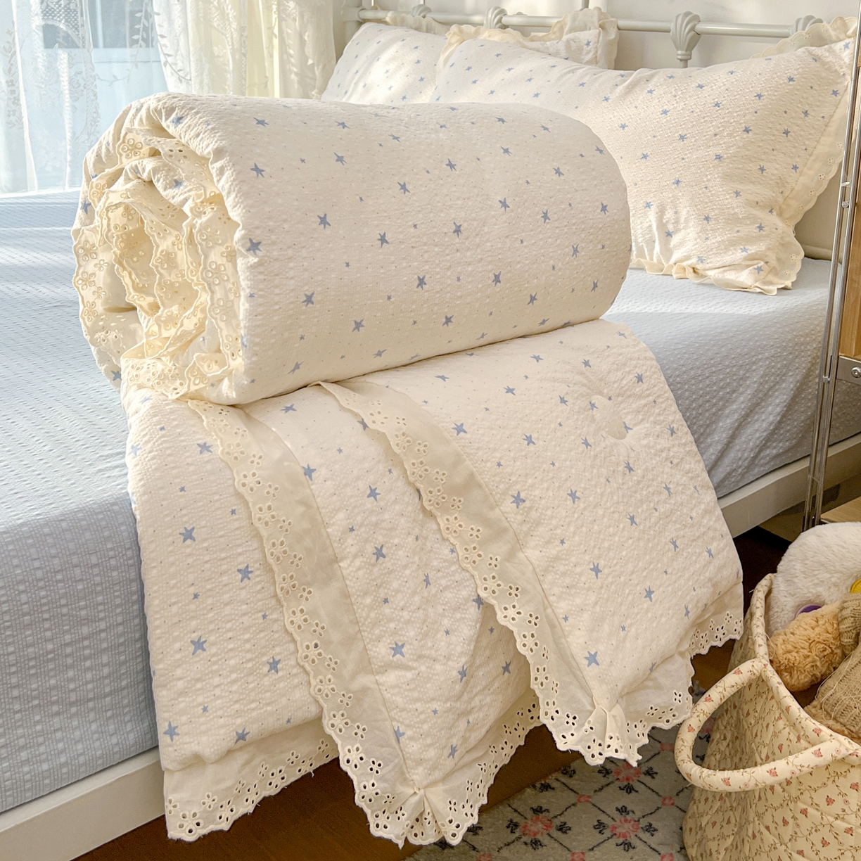十里居 2026新款A类全棉花边泡芙棉夏凉被 星星蓝